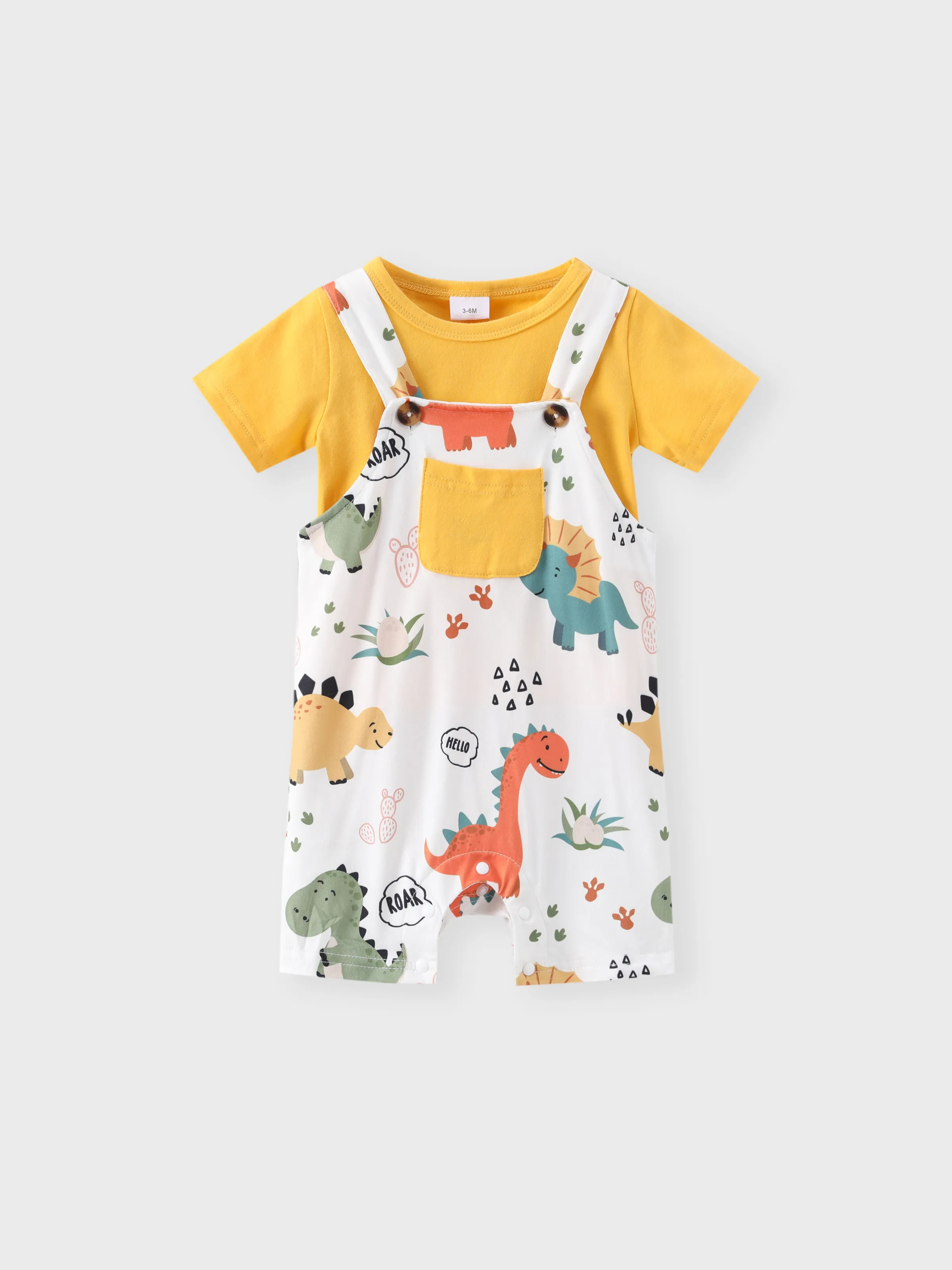 2pcs Baby Boy Short-sleeve Solid Tee and Allover Dinosaur Print Overall Romper Set Yellow