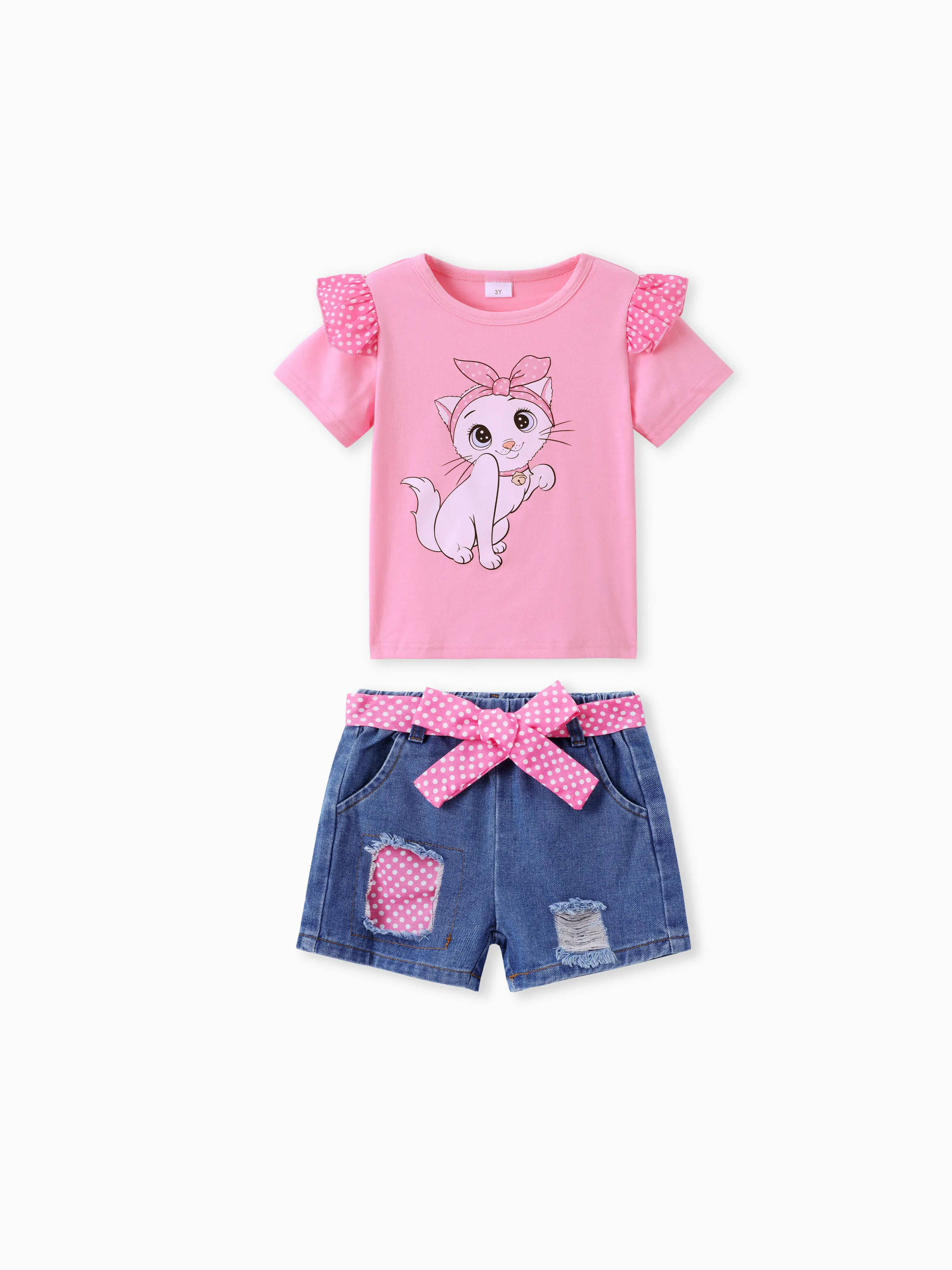 Toddler Girl Childlike Flutter Sleeve Tee and Denim Shorts Set Pink