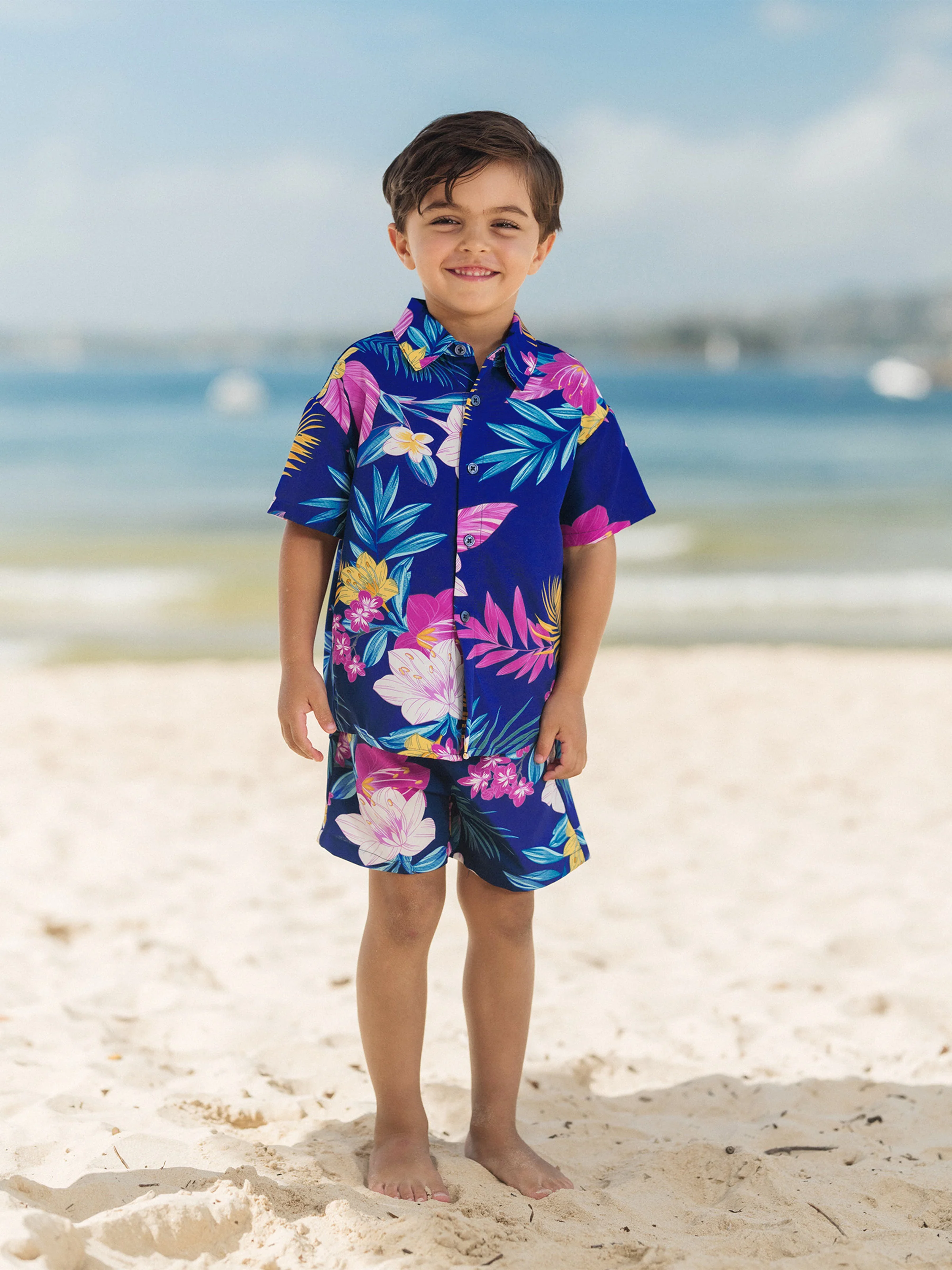 Daddy and Me Matching Family Hawaiian Outfits Tropical Floral Print Strap Dress or Short-sleeve Shirts & Shorts Set Summer Beachwear Set for Vacation Deep Blue - Image 10