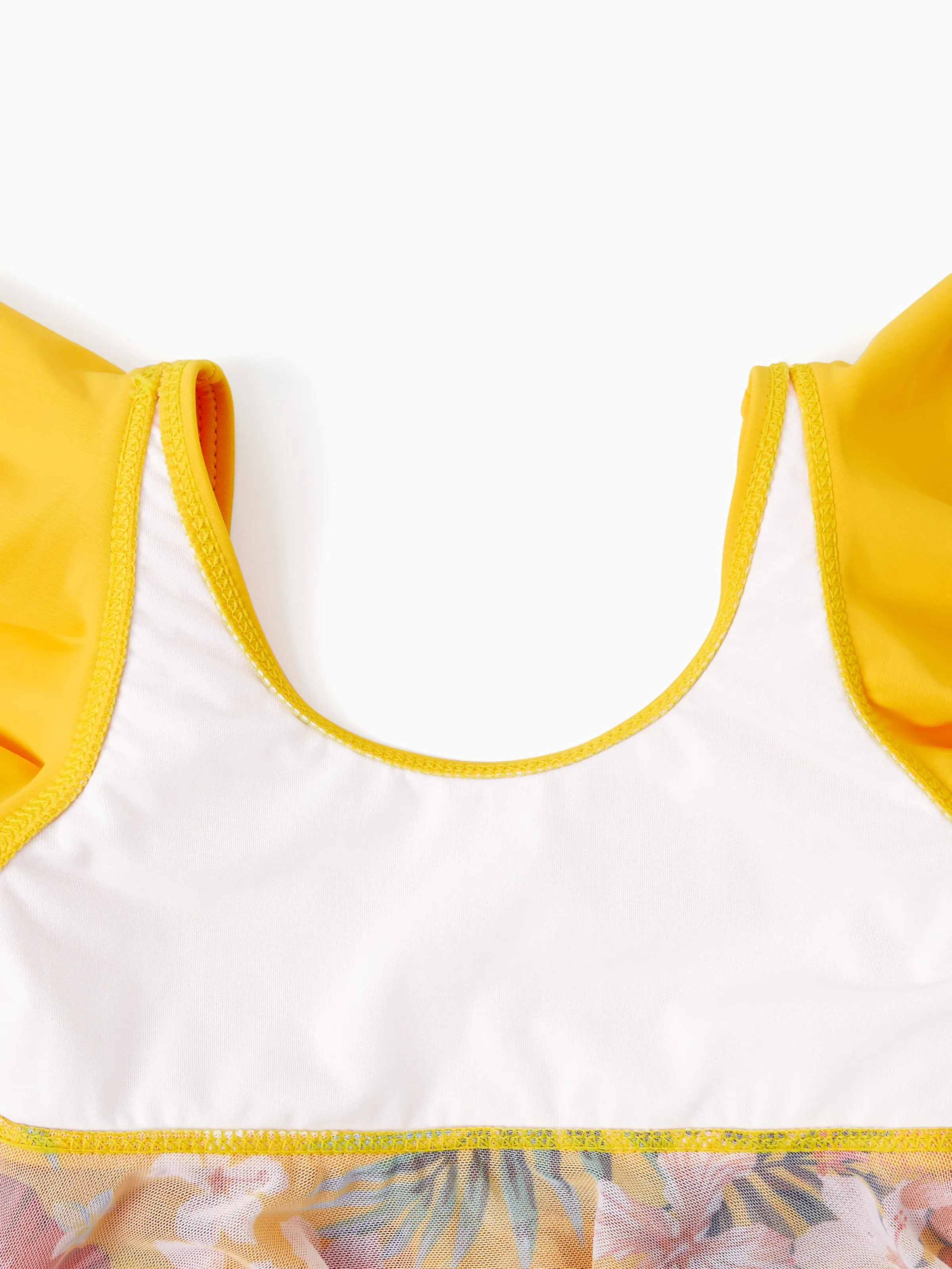 Daddy & Daughter Floral Drawstring Swim Trunks or Flowy Spliced Mesh Swim Dress with Triangle Swim Bottom Yellow - Image 11