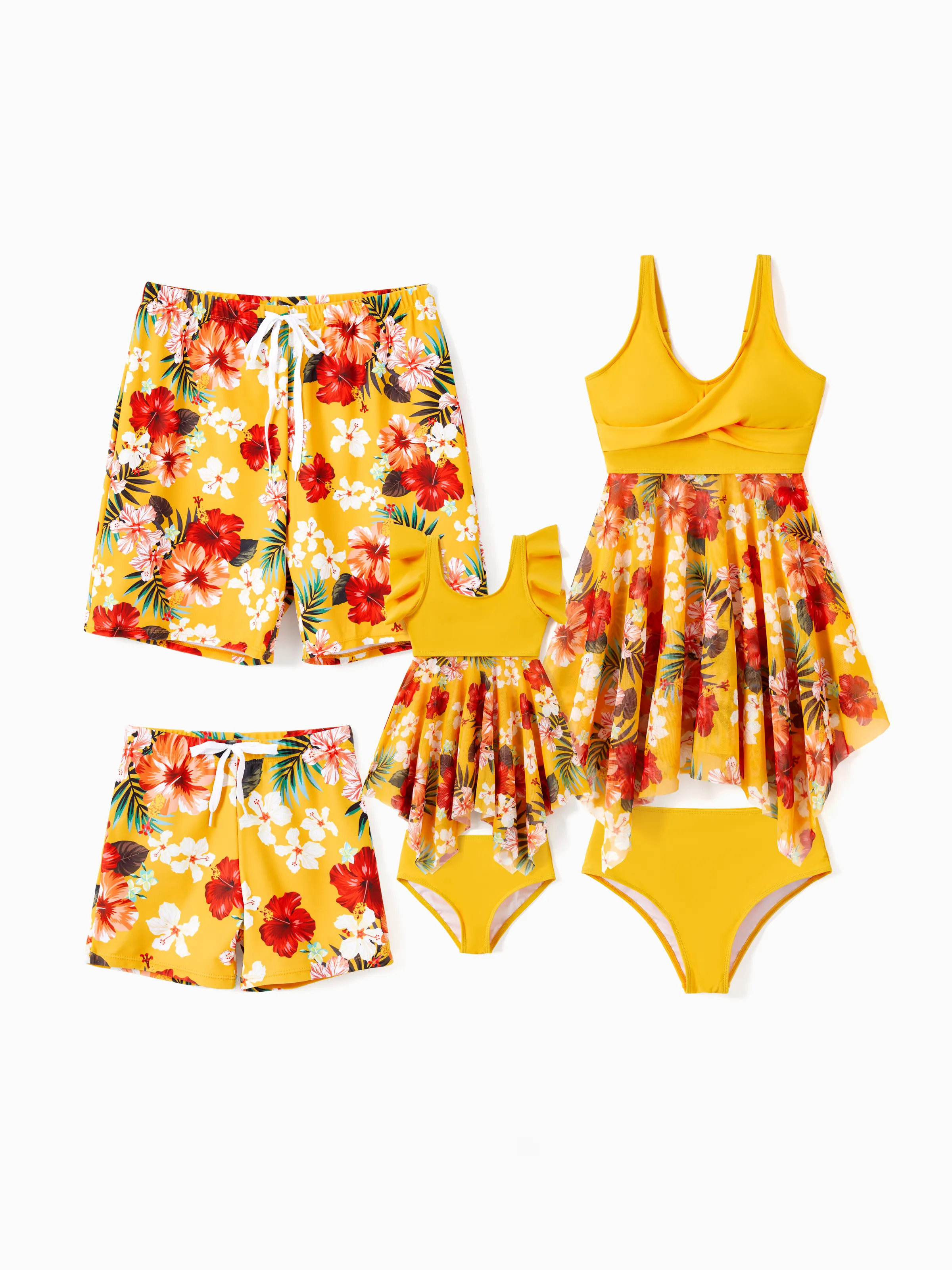 Daddy & Daughter Floral Drawstring Swim Trunks or Flowy Spliced Mesh Swim Dress with Triangle Swim Bottom Yellow - Image 2