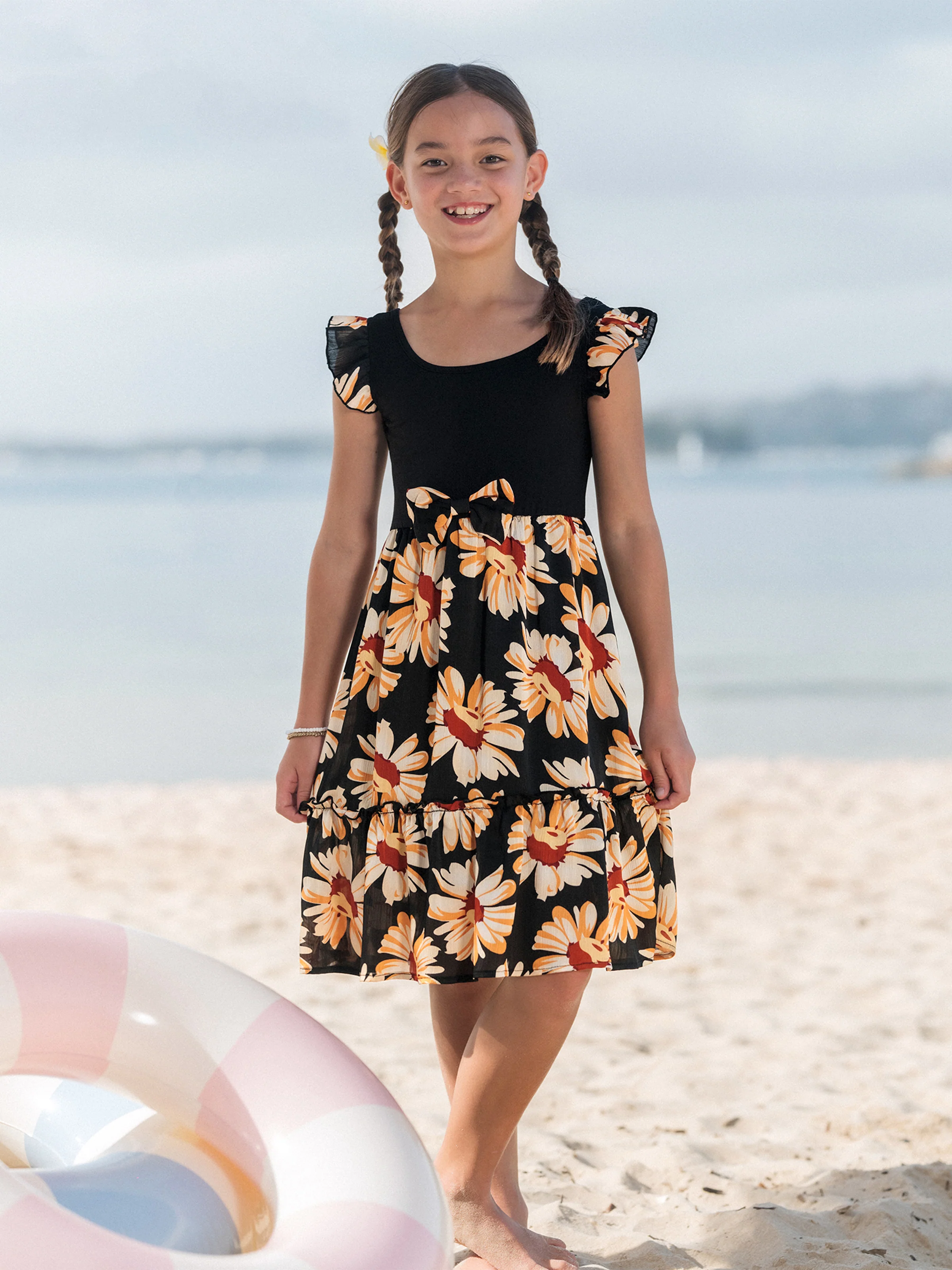 Daddy & Daughter Set Floral Sleeveless Strappy Dress or Colorblock Short-sleeve T-shirt Black - Image 11