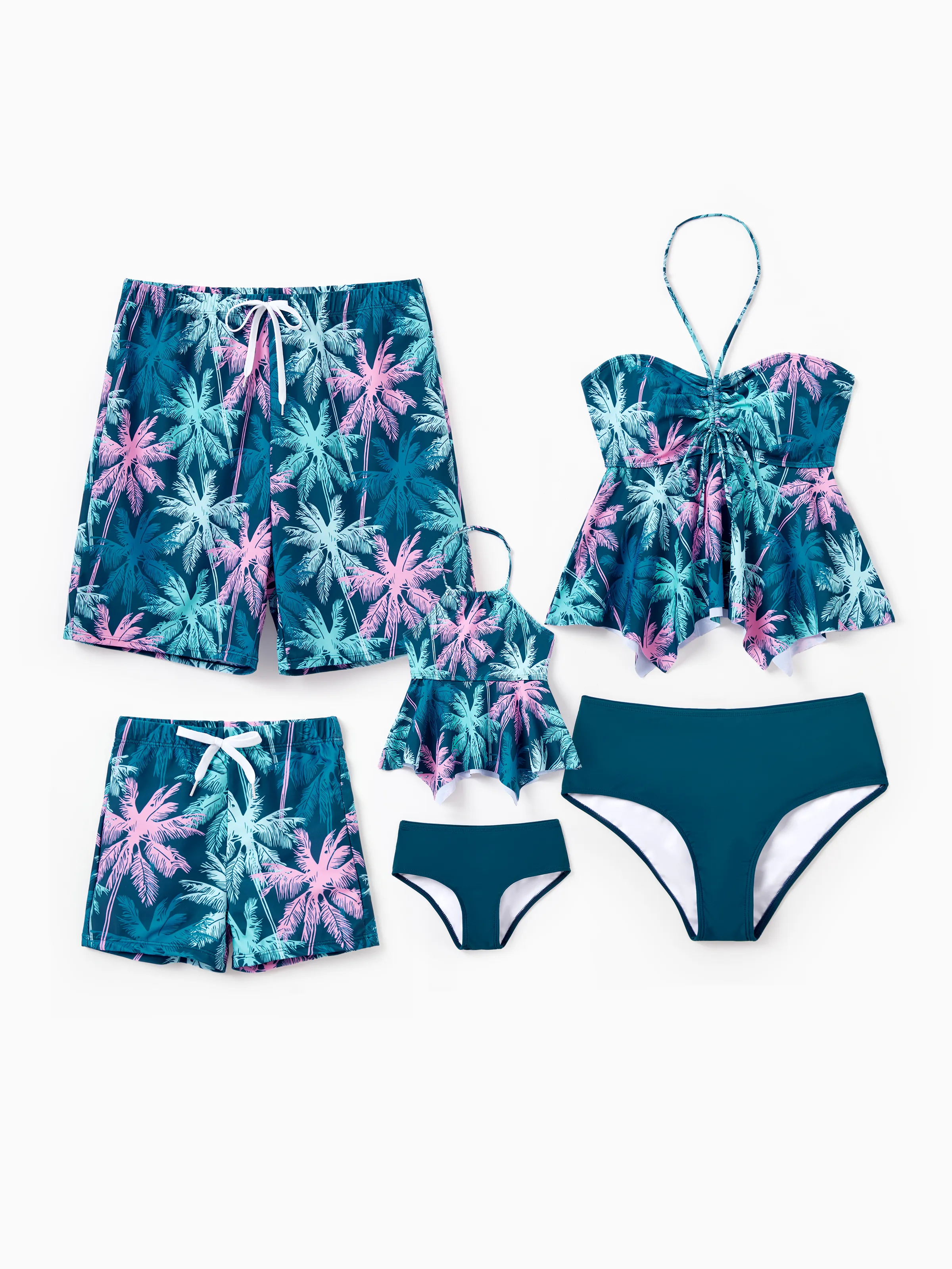 Daddy & Daughter Swimsuits Tropical Palm Tree Print, Beach Vacation Swimwear Turquoise - Image 3