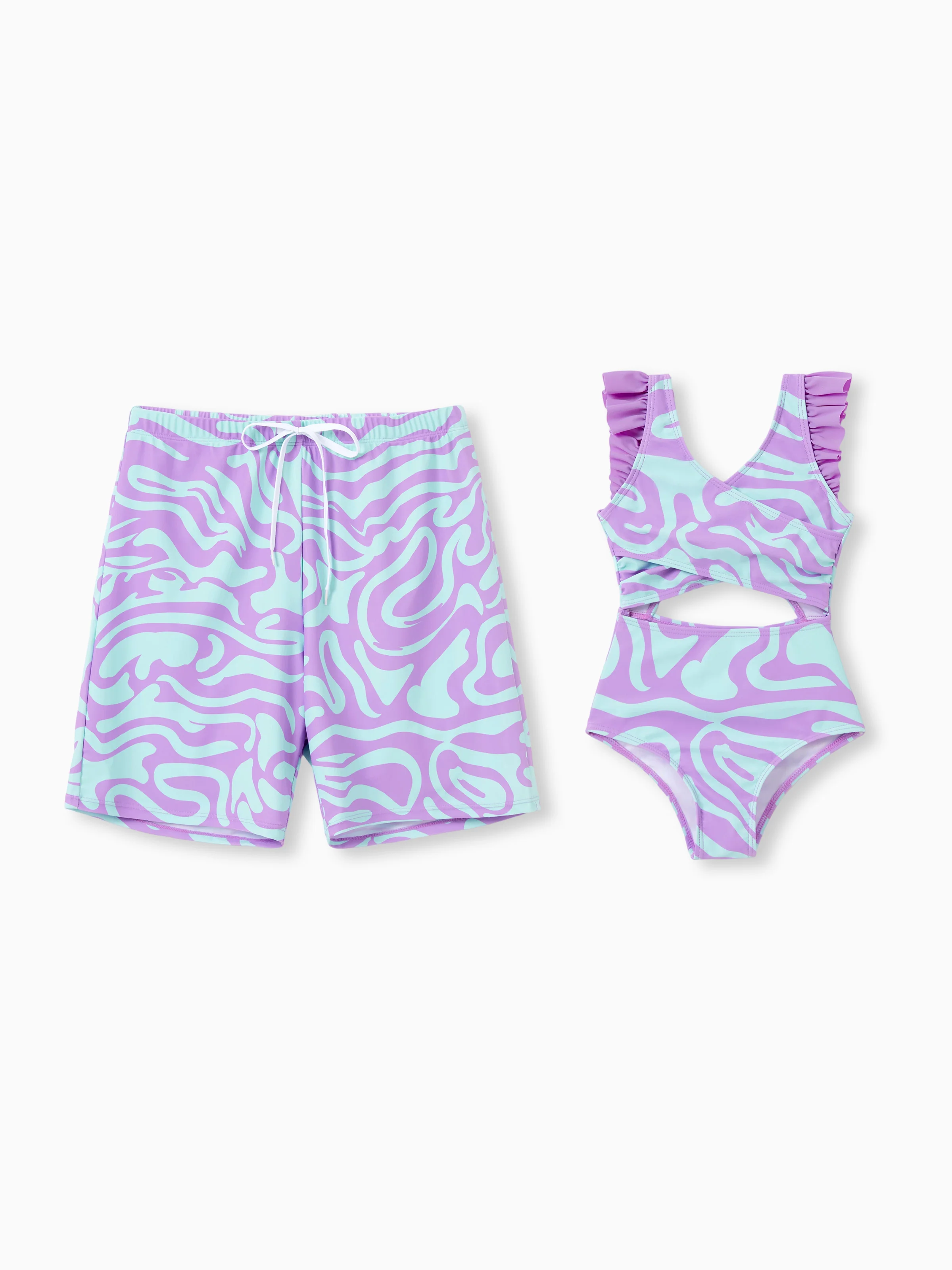 Daddy & Daughter Trendy Purple & Blue Wave Print Swim Trunks or Midriff Cutout One-Piece Swimsuit Purple