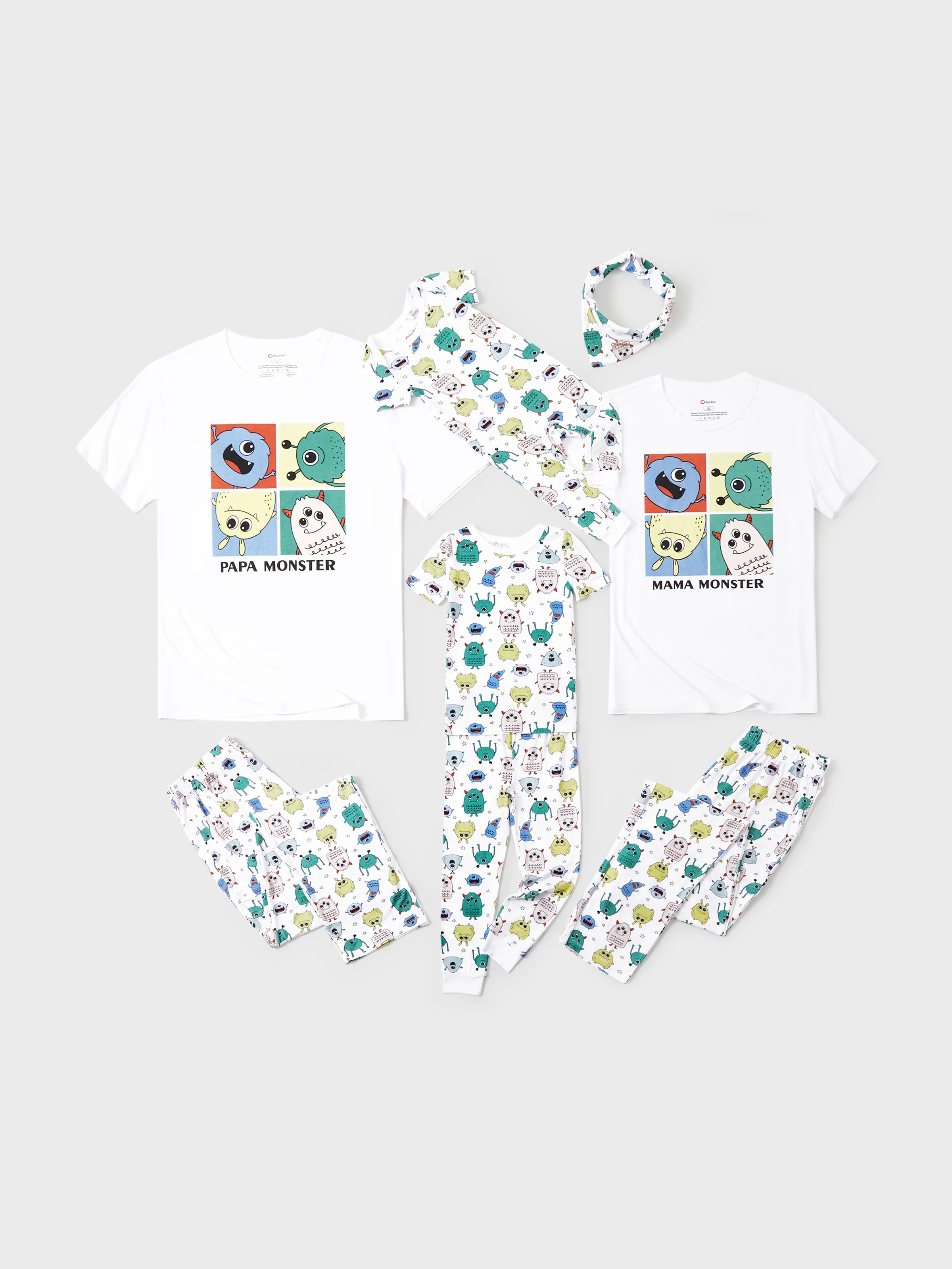 Daddy & Son Bamboo Family Pajamas Cute Little Monster Print Short-sleeve Matching Pajama Set ( Snug-Fitting for Children ) White - Image 2