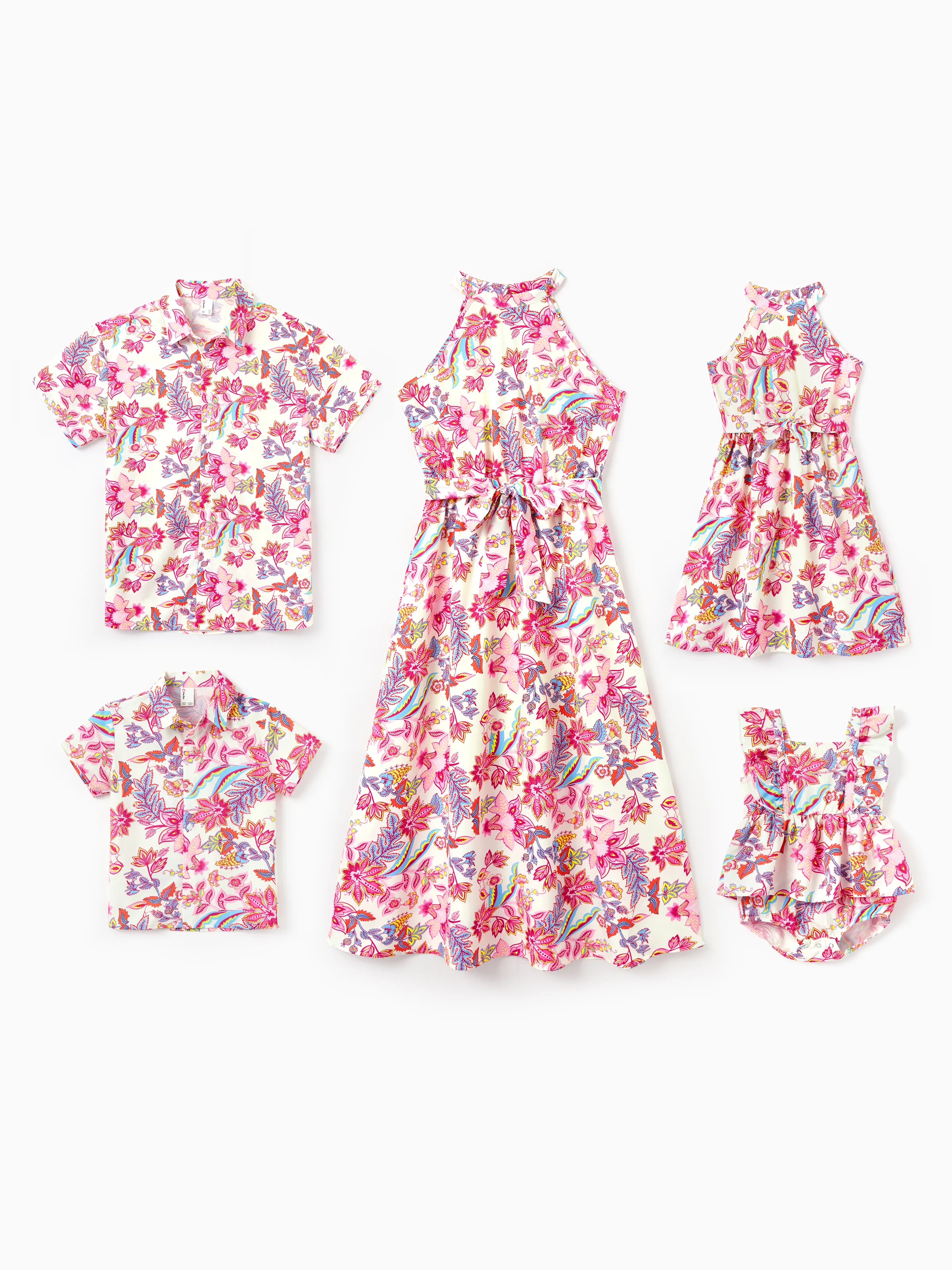 Daddy & Son Outfits Set Tropical Flora Print Short-sleeve Collar Shirt or Halter Belted Dress for Summer Vacation Beige - Image 2