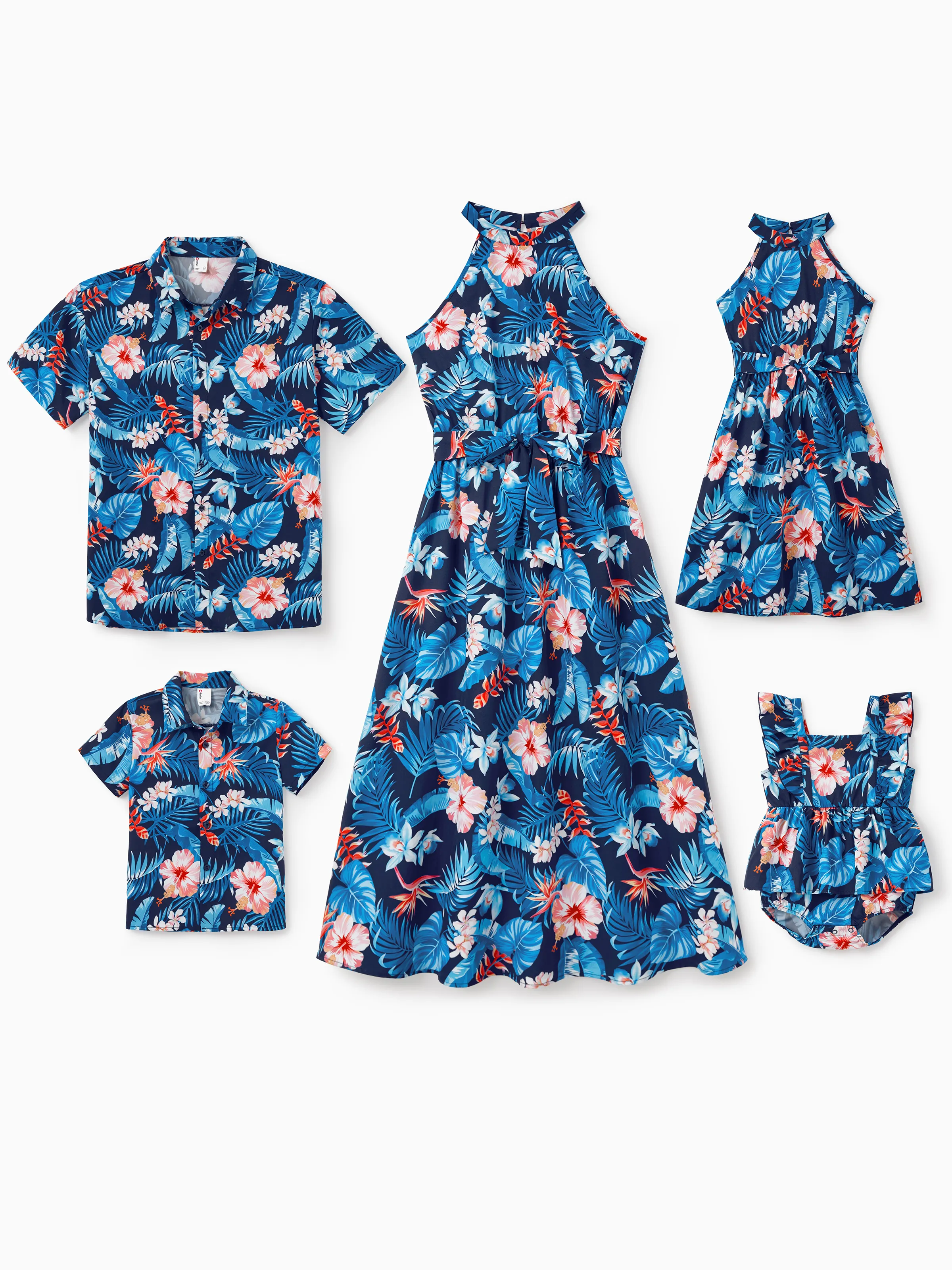 Daddy & Son Vacation Set Tropical Floral Print Shirt or Halter Dresses for Dad, Mom, Kids & Baby, Perfect for Summer Holidays & Family Photos Deep Blue - Image 3
