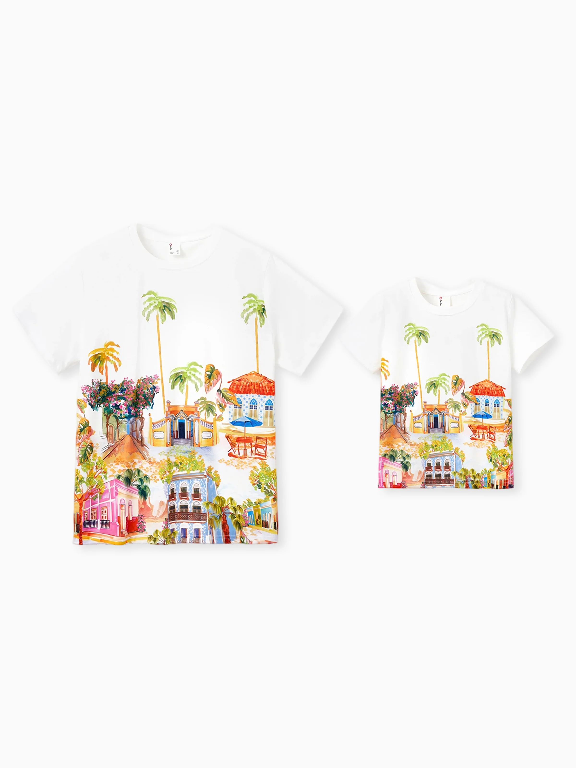Daddy & Son Vacation Set Tropical Pineapple Coconut Tree Print Short-sleeve T-shirt or Hollow out Strap Dress for Summer Vacation White