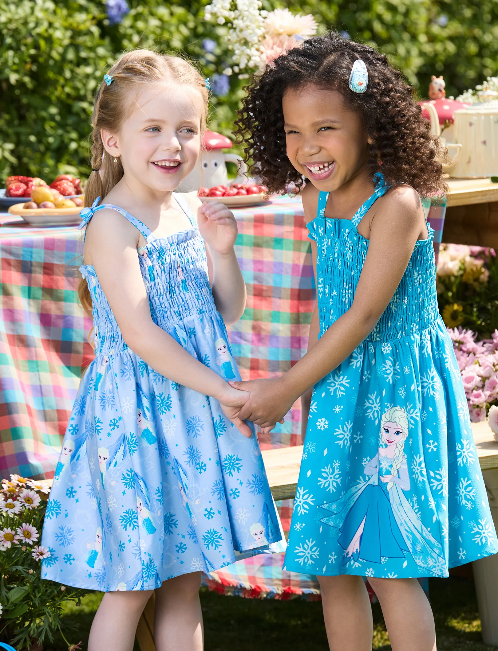 Disney Frozen Toddler Girl Elsa Snowflake Print Bowknot Smocked Dress Sky blue - Image 2