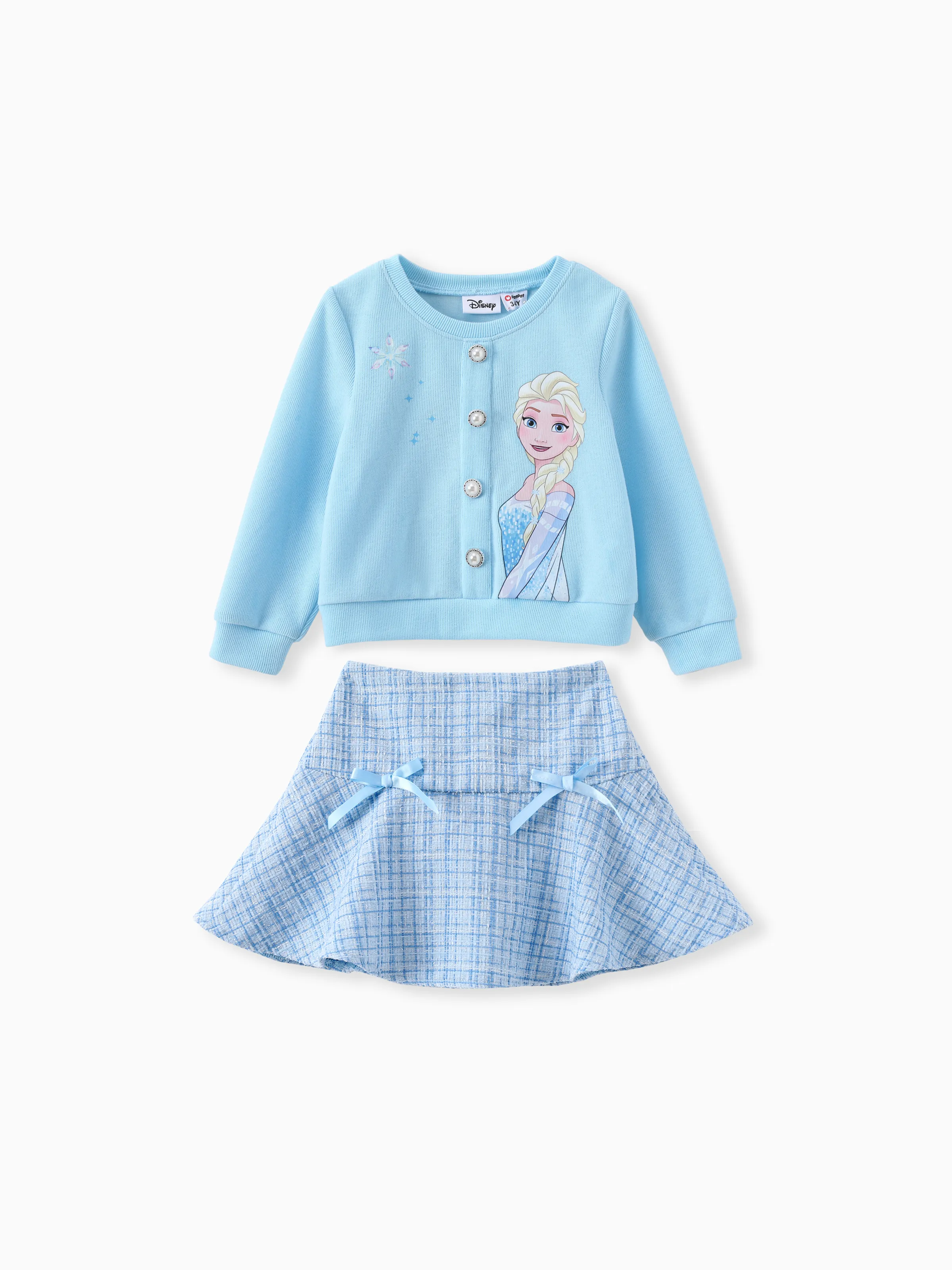 Disney Frozen Toddler Girl 2pcs Elsa Cotton Top with Tweed Bowknot Skirt Set Blue