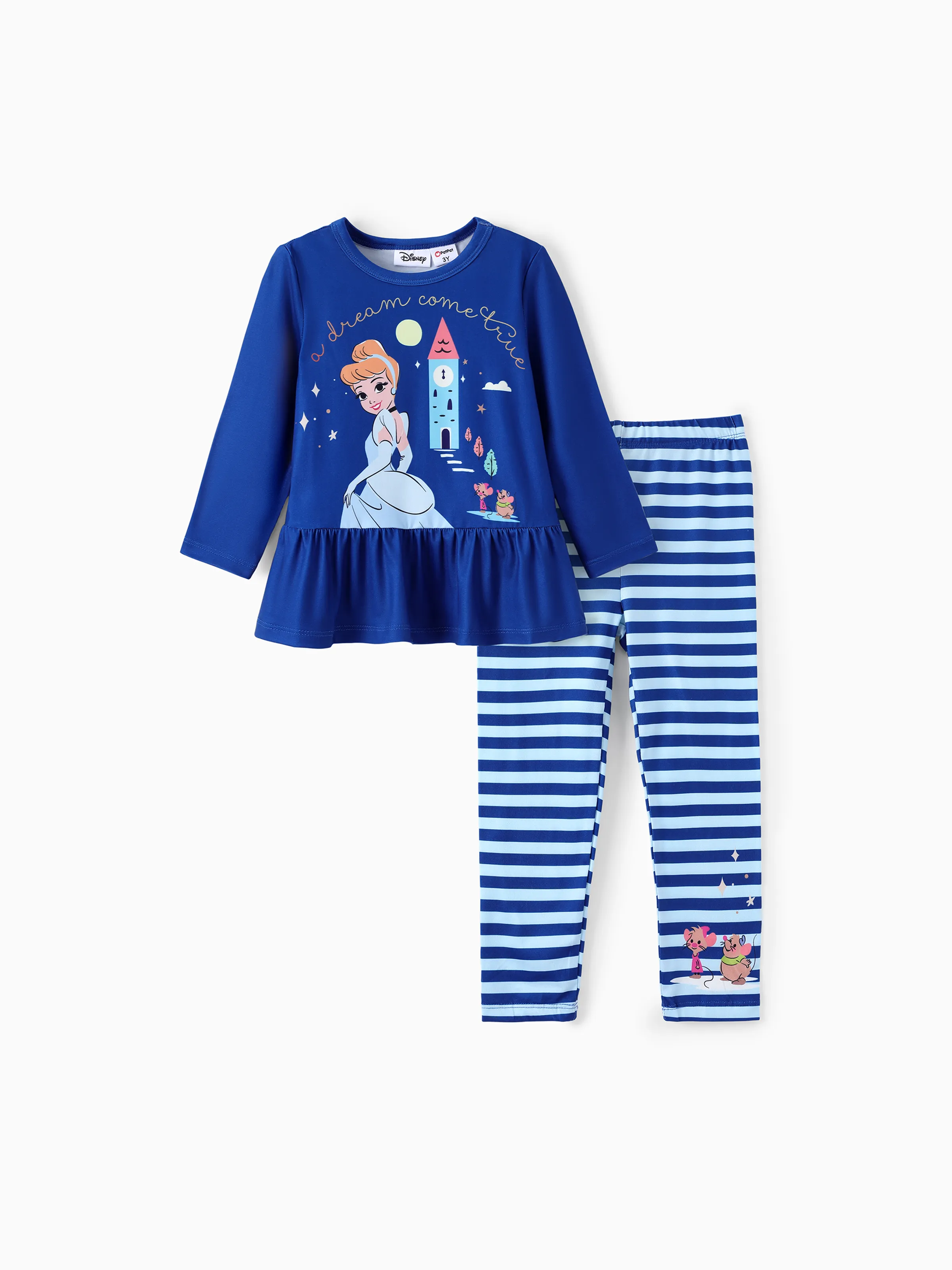 Disney Princess Toddler Girl 2pcs Cinderella Print Peplum Tee and Stripe Pants Set Deep Blue