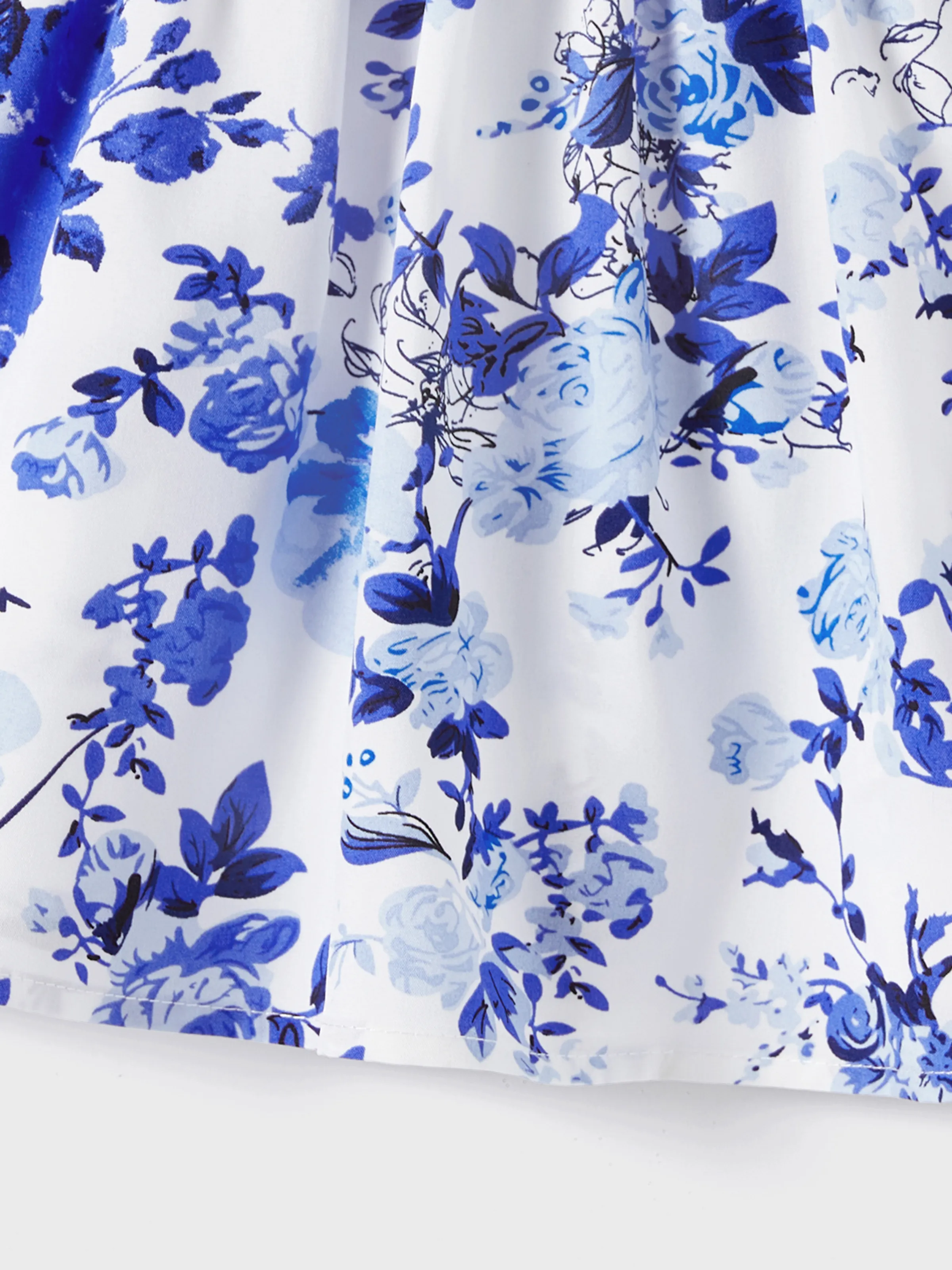 Family Matching Floral Print Short-sleeve Shirt or Tie Waist Dress Set Blue - Image 6