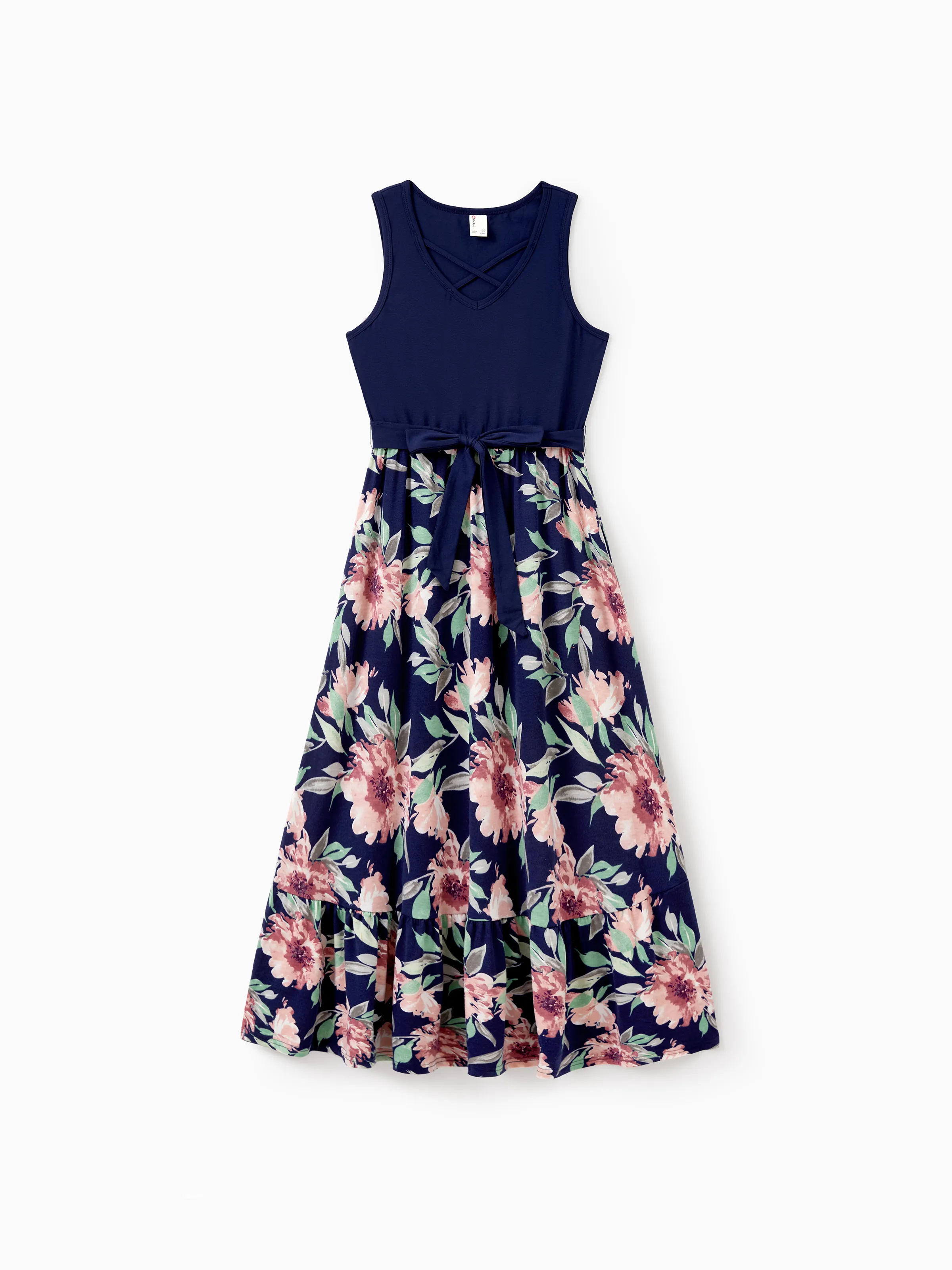 Family Matching Blue Cotton Tee and Flora Splicing Tank Top Dress Sets Deep Blue - Image 3