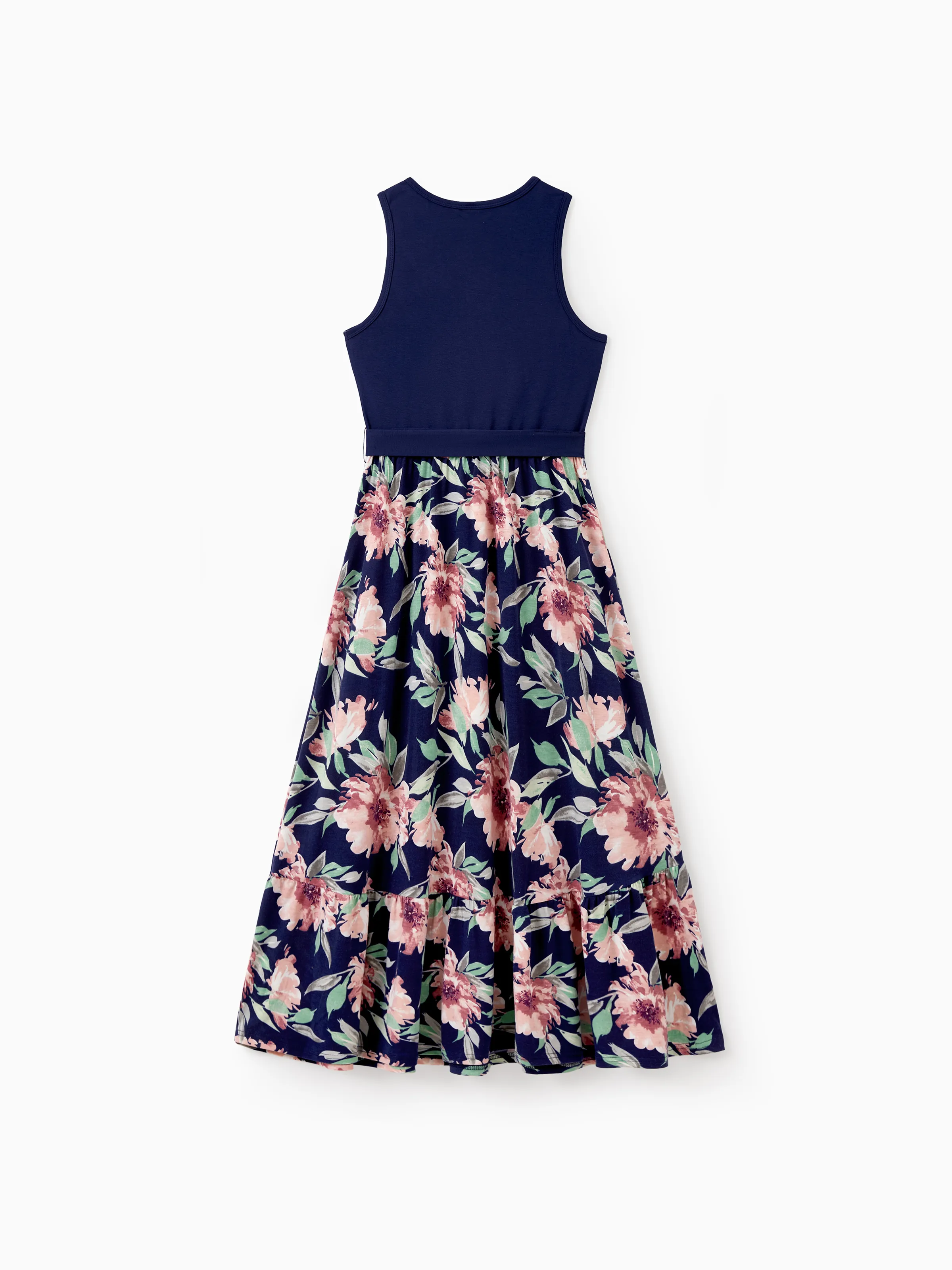 Family Matching Blue Cotton Tee and Flora Splicing Tank Top Dress Sets Deep Blue - Image 4