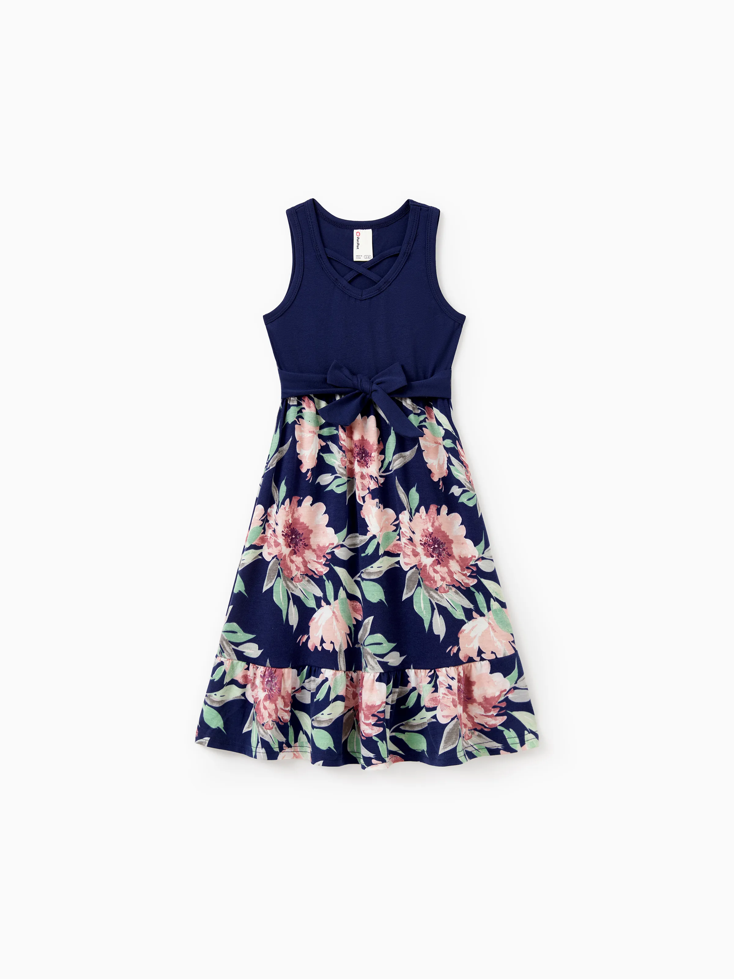 Family Matching Blue Cotton Tee and Flora Splicing Tank Top Dress Sets Deep Blue - Image 8