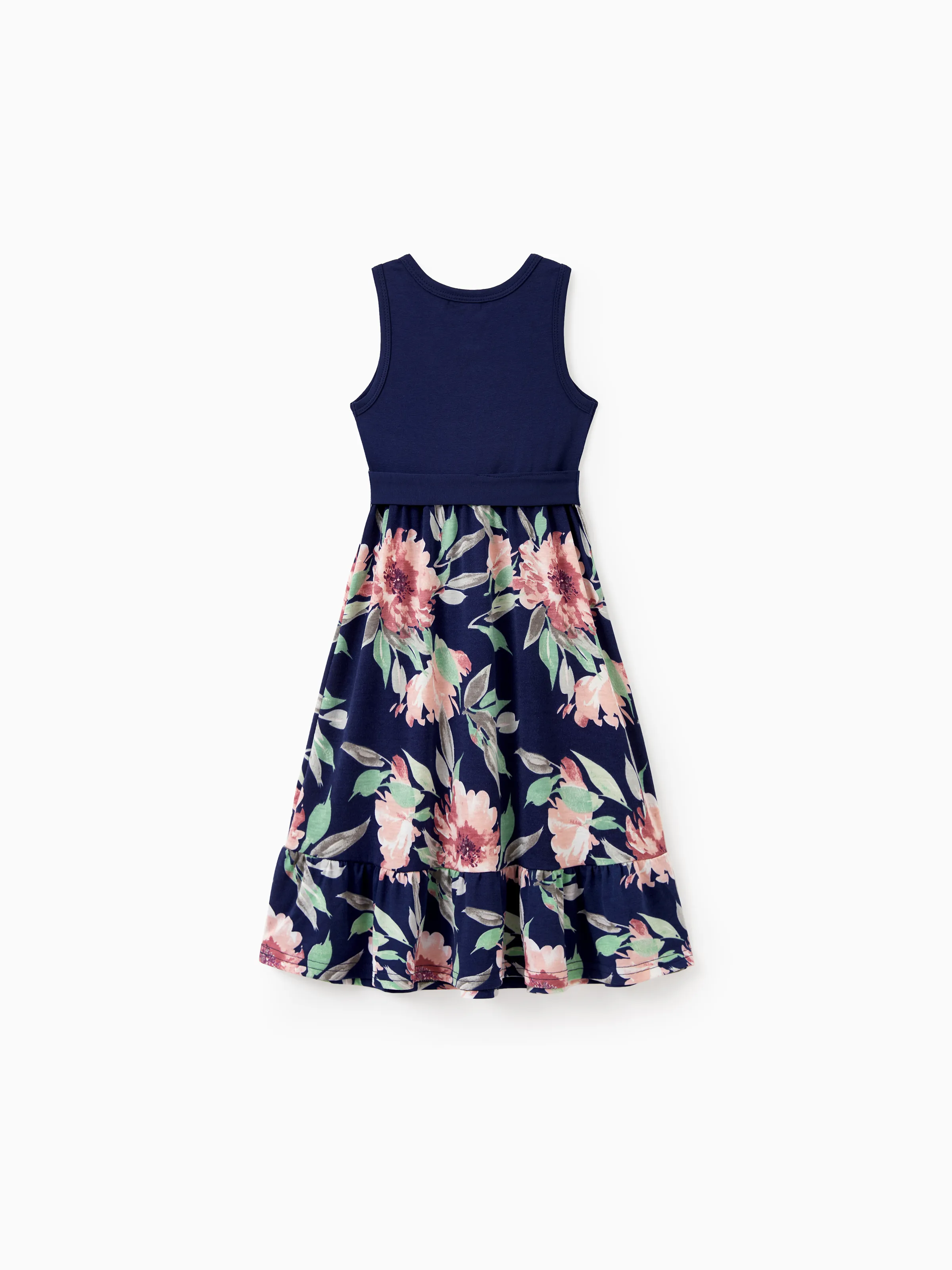 Family Matching Blue Cotton Tee and Flora Splicing Tank Top Dress Sets Deep Blue - Image 9