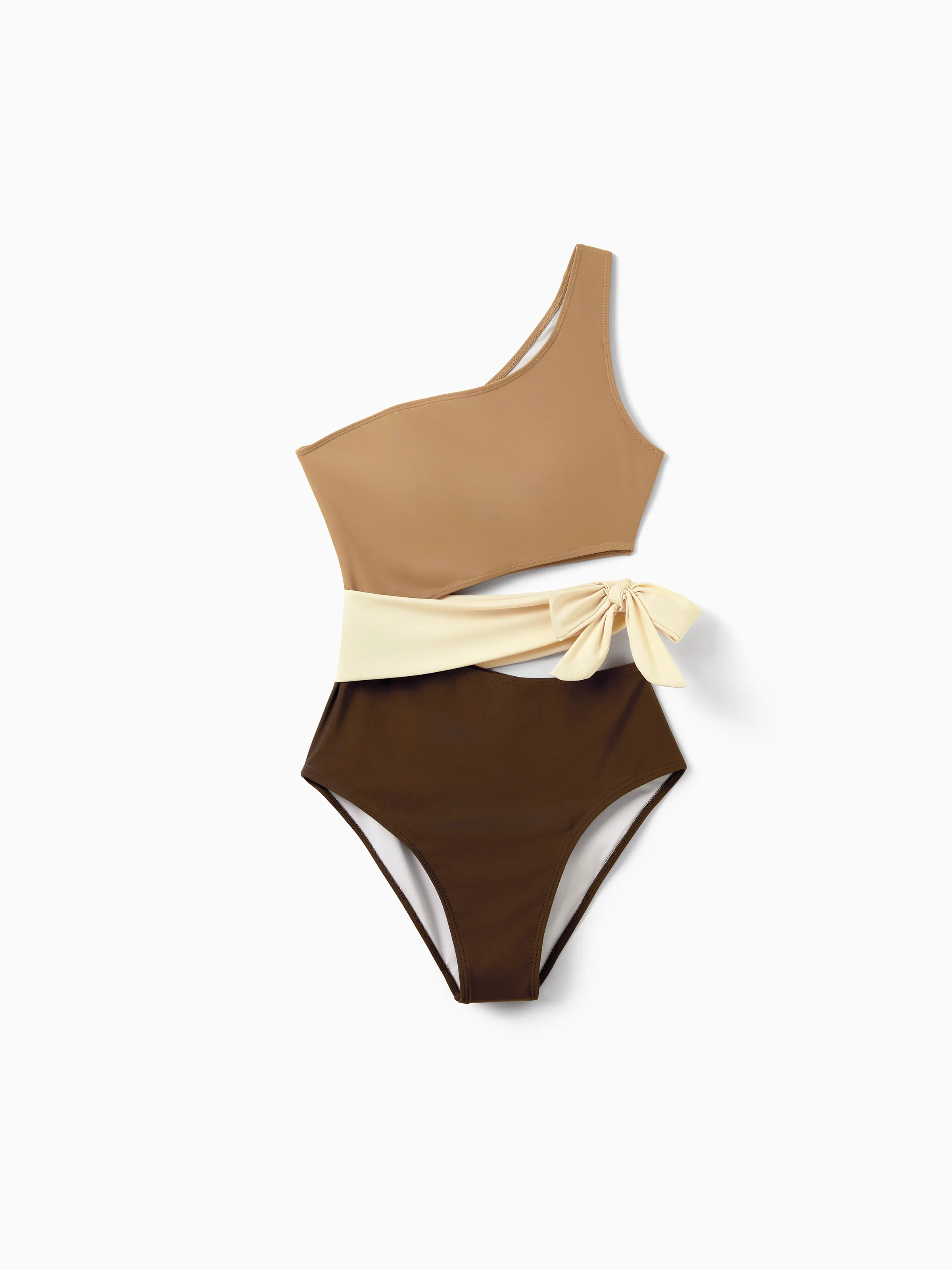 Family Matching Color Block Swimsuits, Mommy and Me One-Shoulder Cutout Bikini Set, Daddy and Son Color Block Swim Trunks, Summer Beach Vacation Swimwear Coffee - Image 3