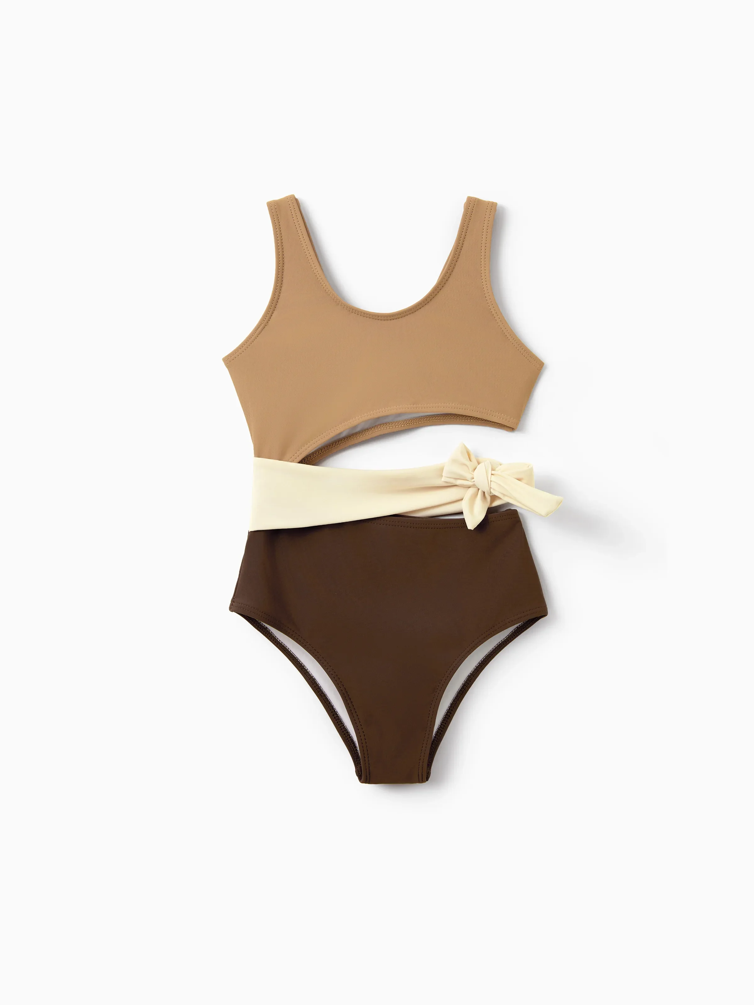 Family Matching Color Block Swimsuits, Mommy and Me One-Shoulder Cutout Bikini Set, Daddy and Son Color Block Swim Trunks, Summer Beach Vacation Swimwear Coffee - Image 6