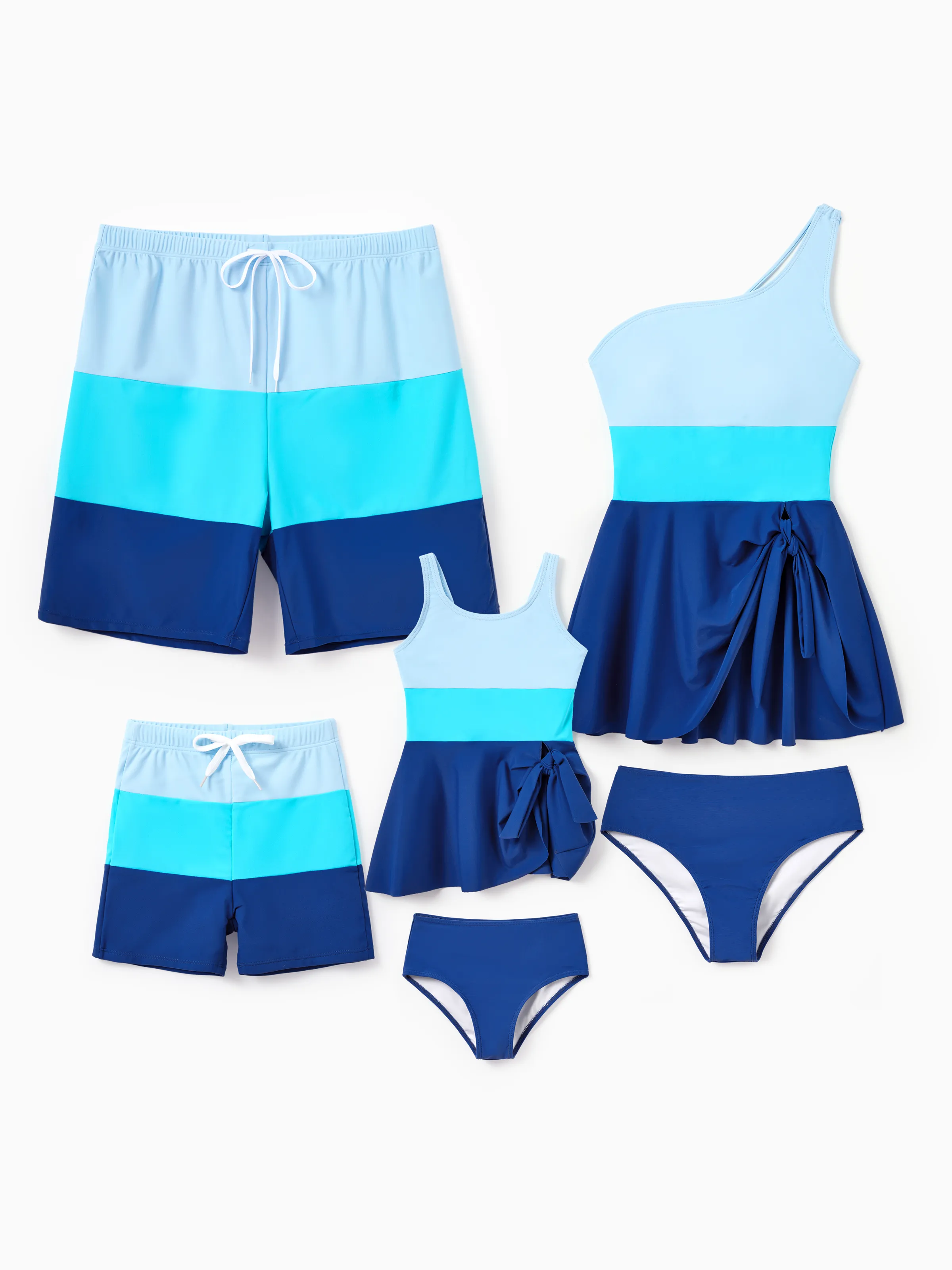 Family Matching Color Block Swimsuits One Shoulder Swim Dress / Swim Trunks Set Blue