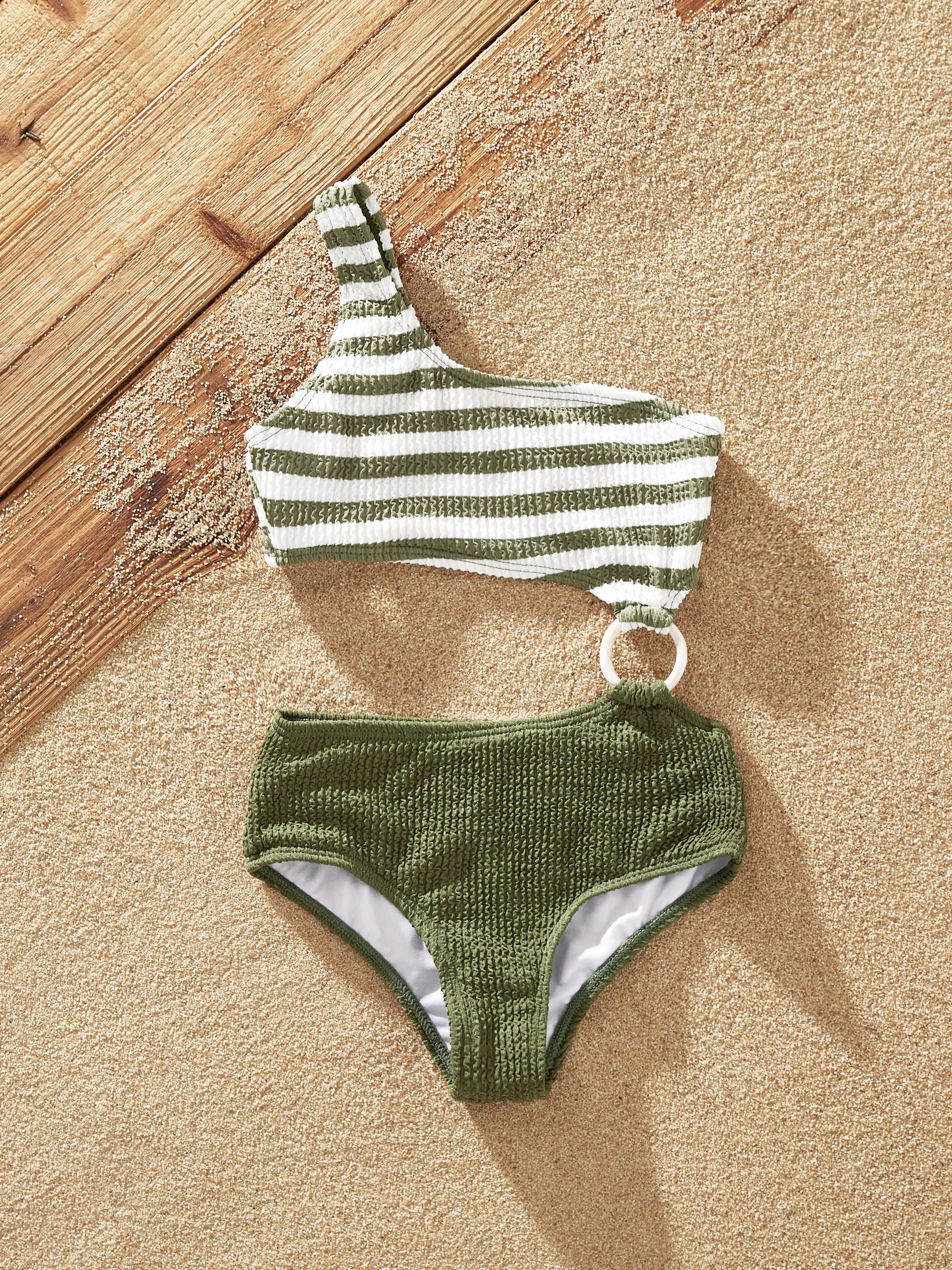 Family Matching Colorblock Stripe Swim Trunks or One Piece One Shoulder Swimsuit Army green - Image 8