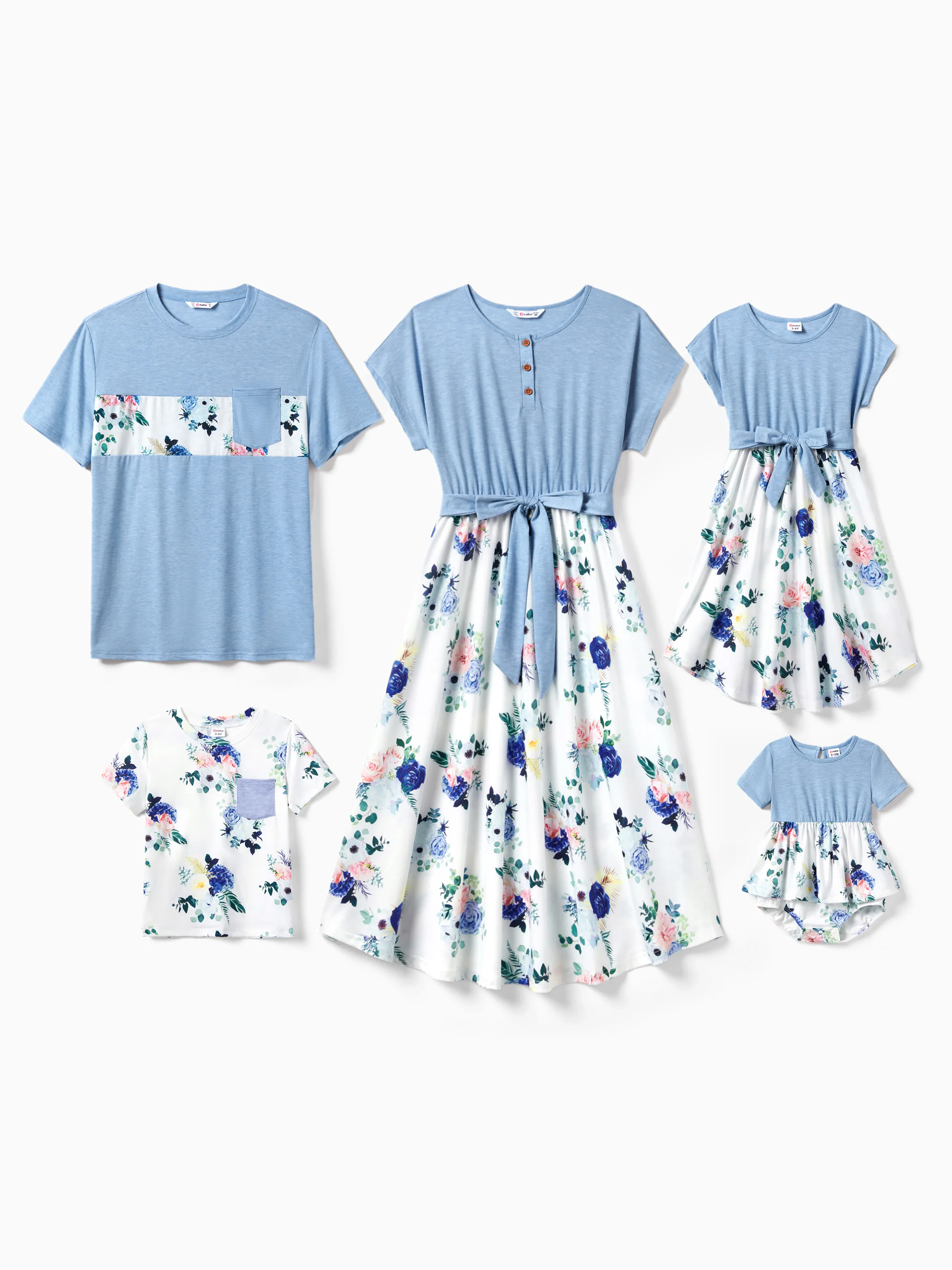 Family Matching Floral Colorblock T-Shirt and Quarter Button Belted Spliced A-Line Dress Sets lightskyblue