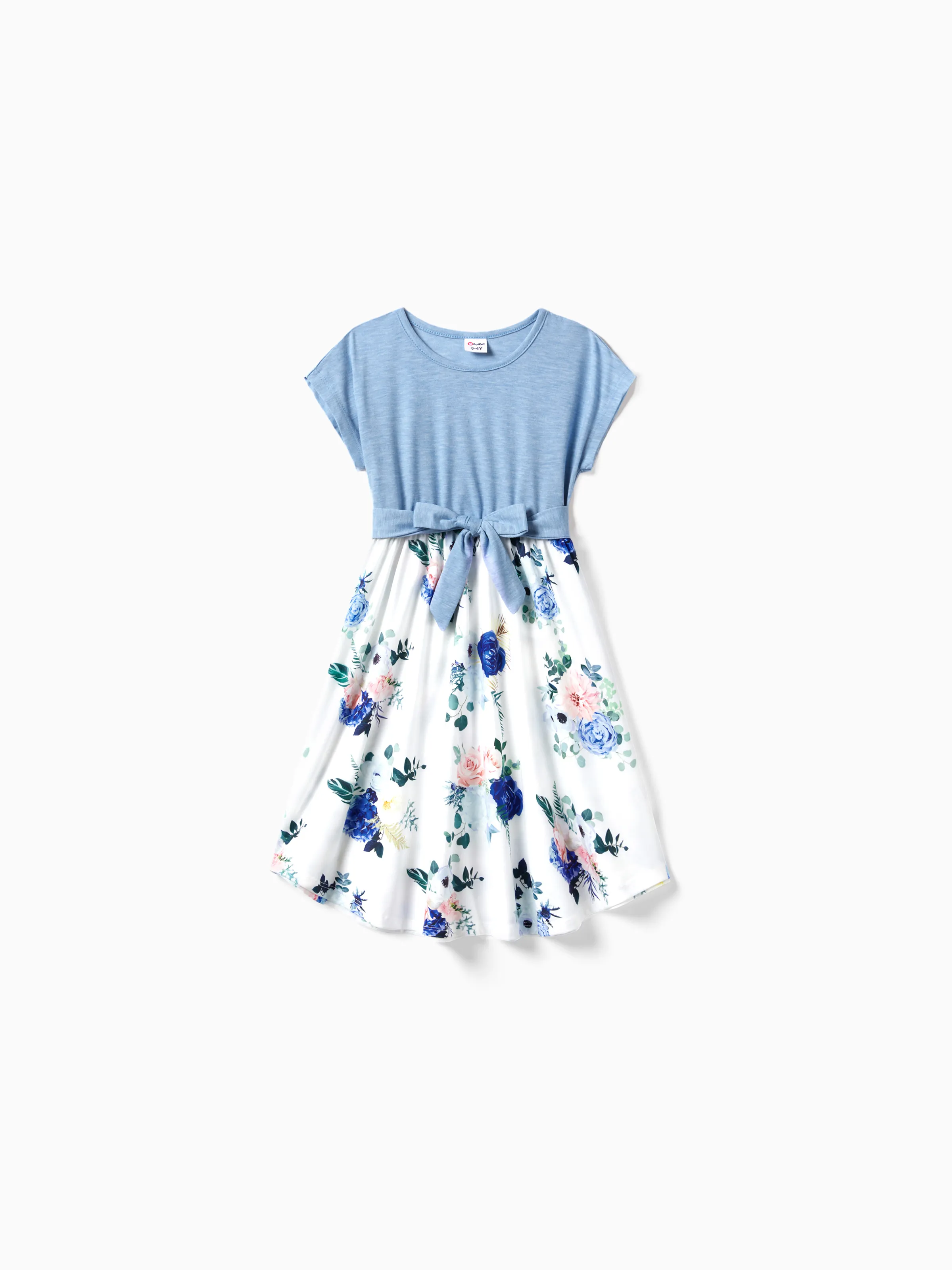 Family Matching Floral Colorblock T-Shirt and Quarter Button Belted Spliced A-Line Dress Sets lightskyblue - Image 9