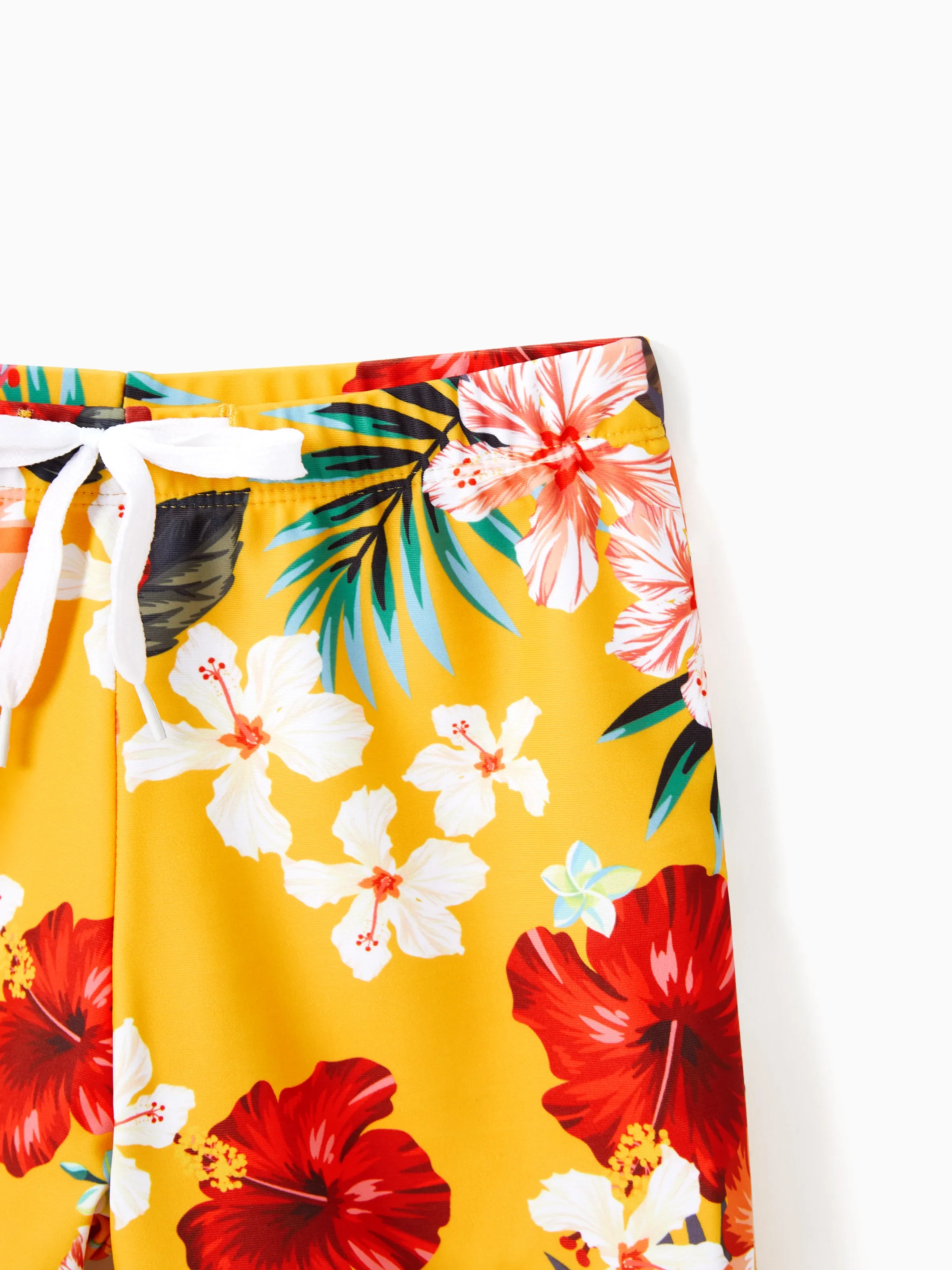 Family Matching Floral Drawstring Swim Trunks or Flowy Spliced Mesh Swim Dress with Triangle Swim Bottom Yellow - Image 15