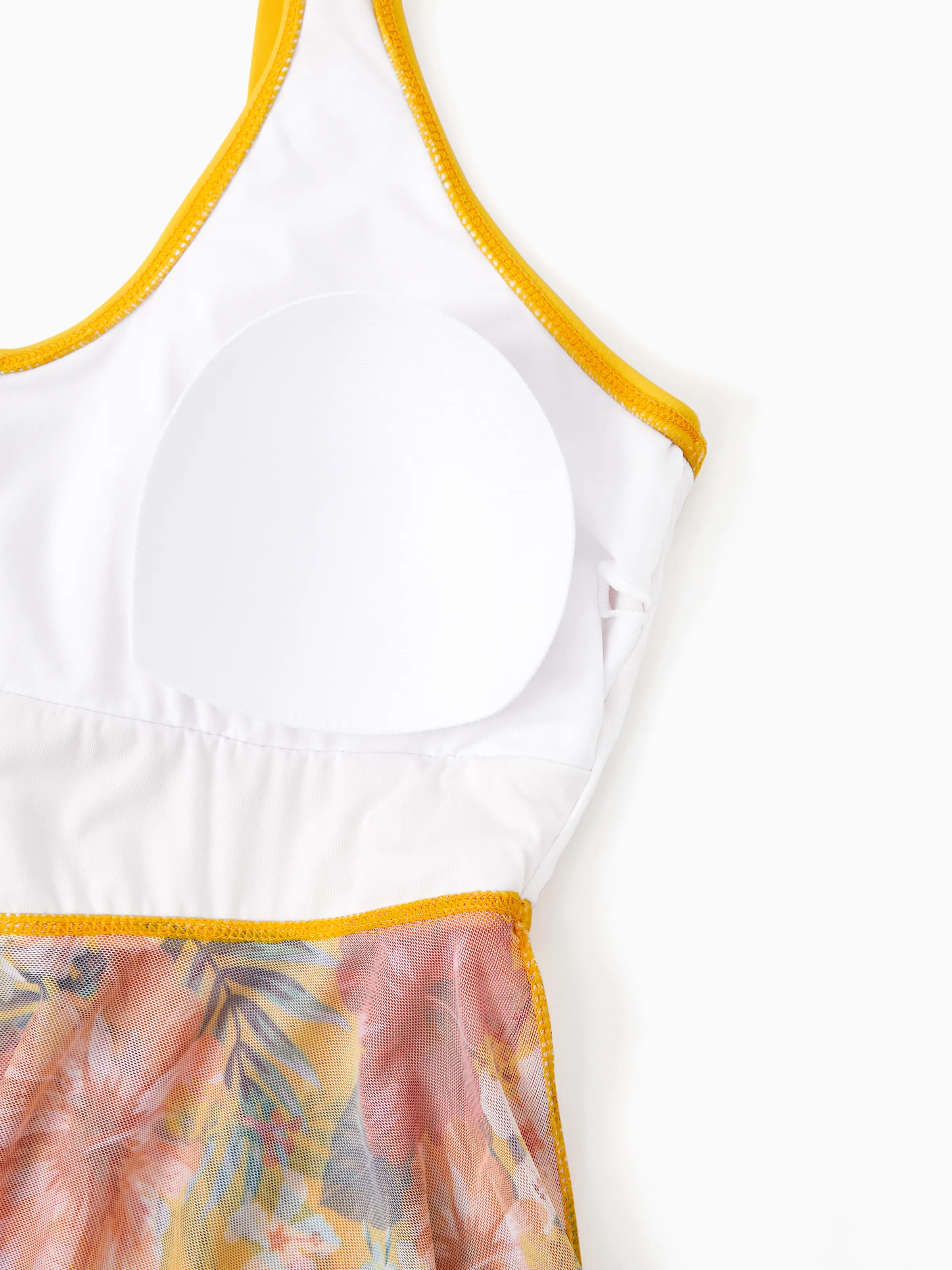 Family Matching Floral Drawstring Swim Trunks or Flowy Spliced Mesh Swim Dress with Triangle Swim Bottom Yellow - Image 7