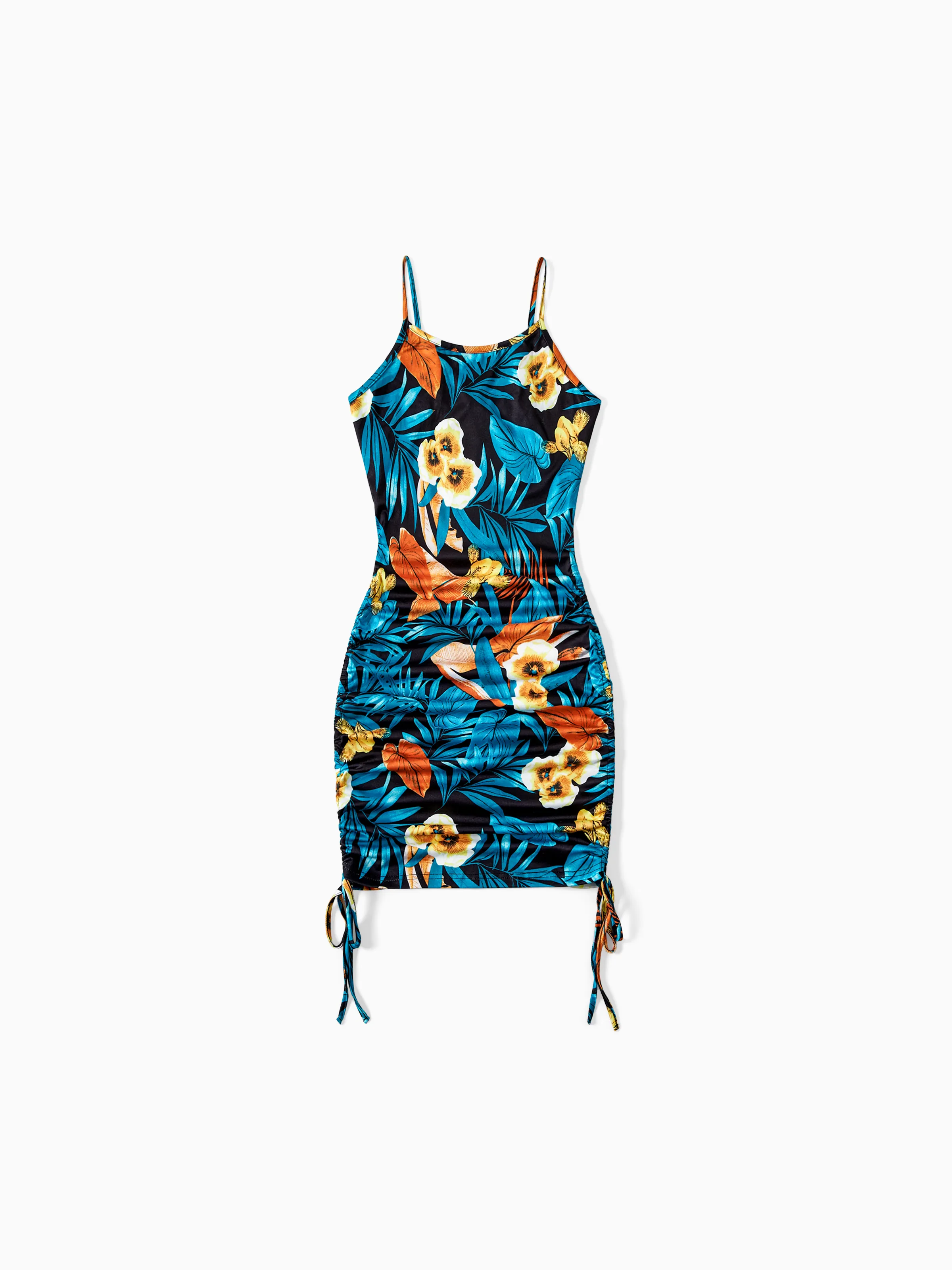 Family Matching Floral Panel T-shirt and Floral Ruched Drawstring Side Strap Dress Sets Black - Image 3