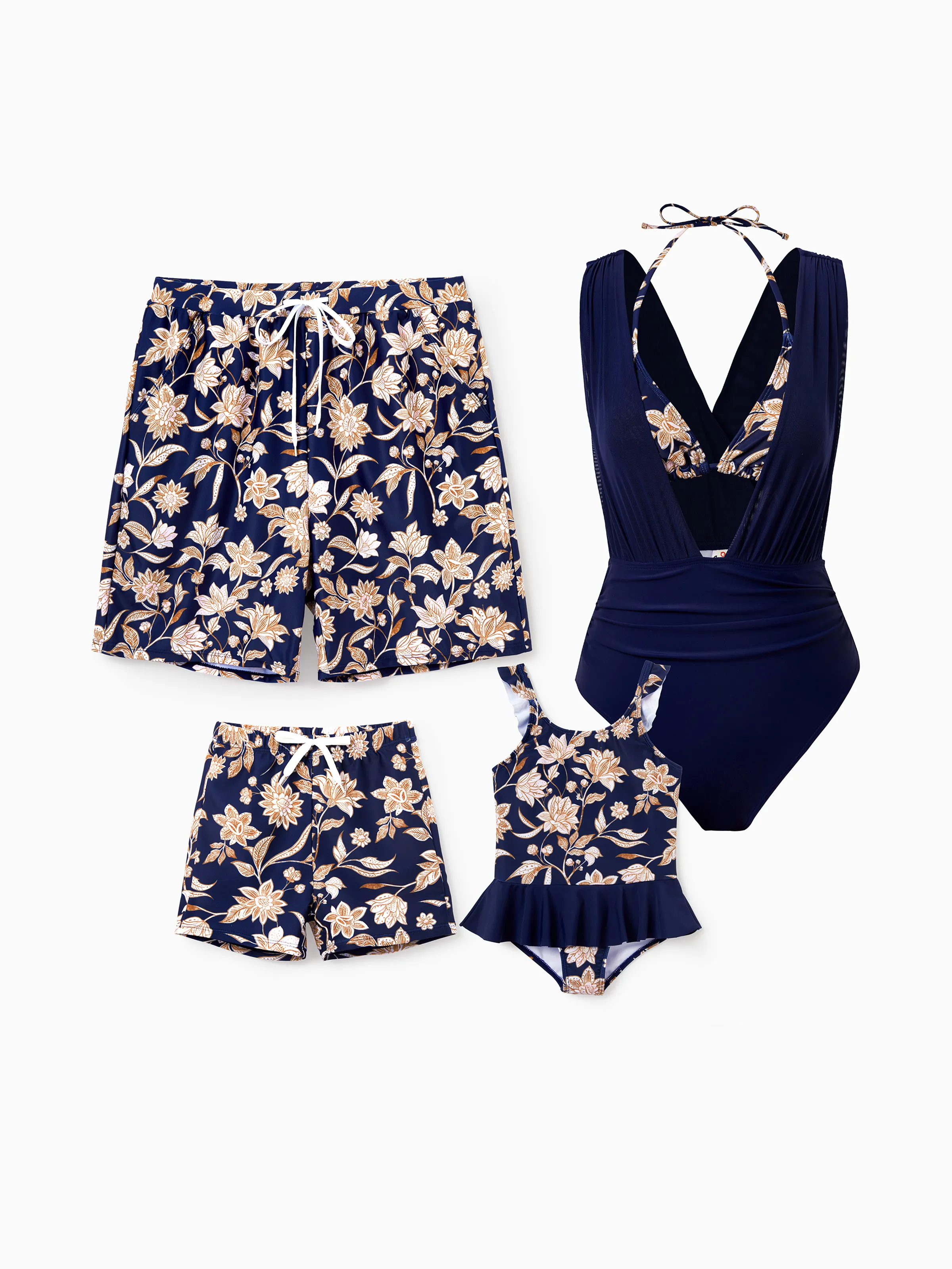 Family Matching Floral Print Swimsuits 2-in-1 One-Piece Swimsuit & Swim Trunks Deep Blue