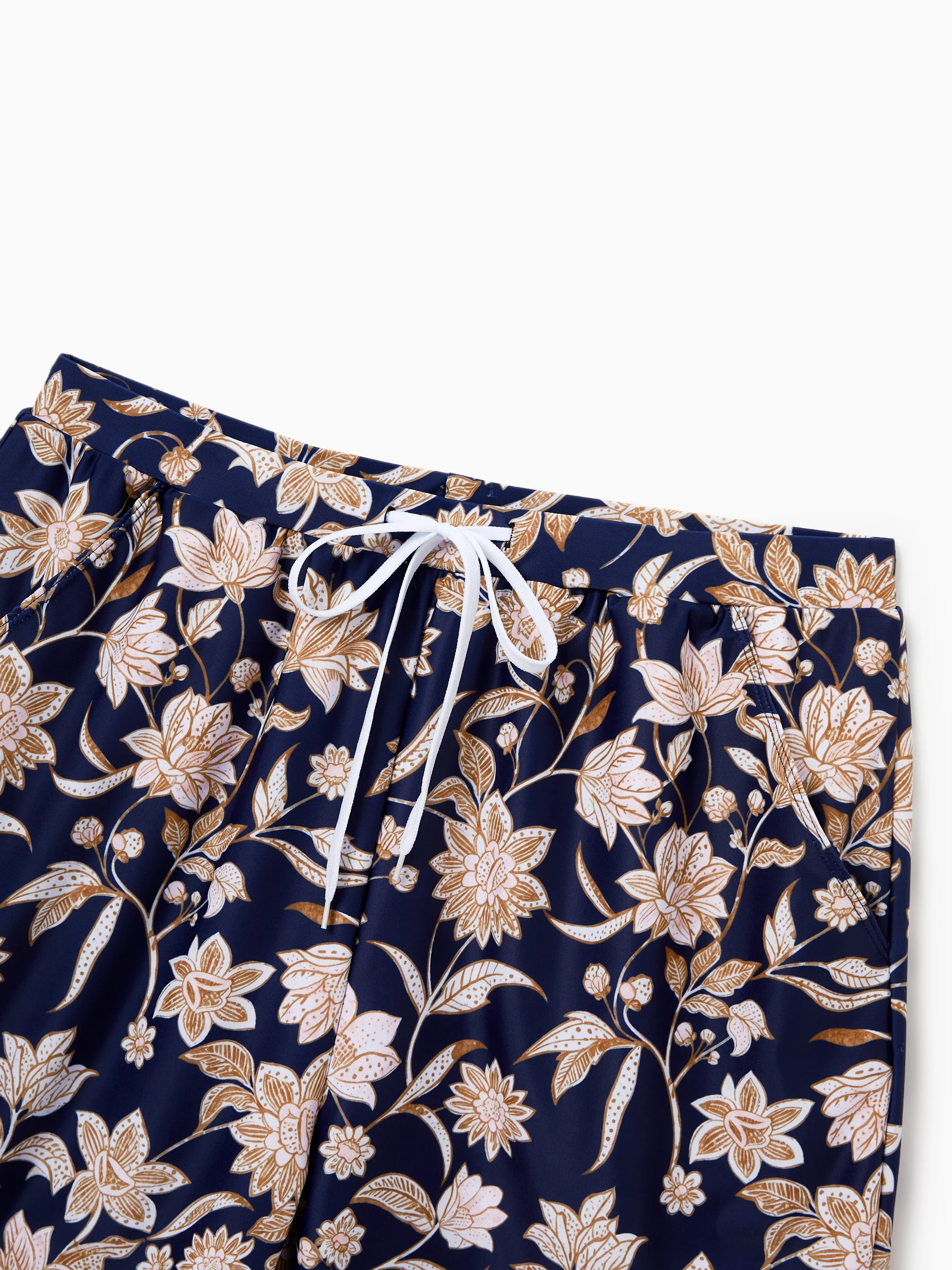 Family Matching Floral Print Swimsuits 2-in-1 One-Piece Swimsuit & Swim Trunks Deep Blue - Image 20