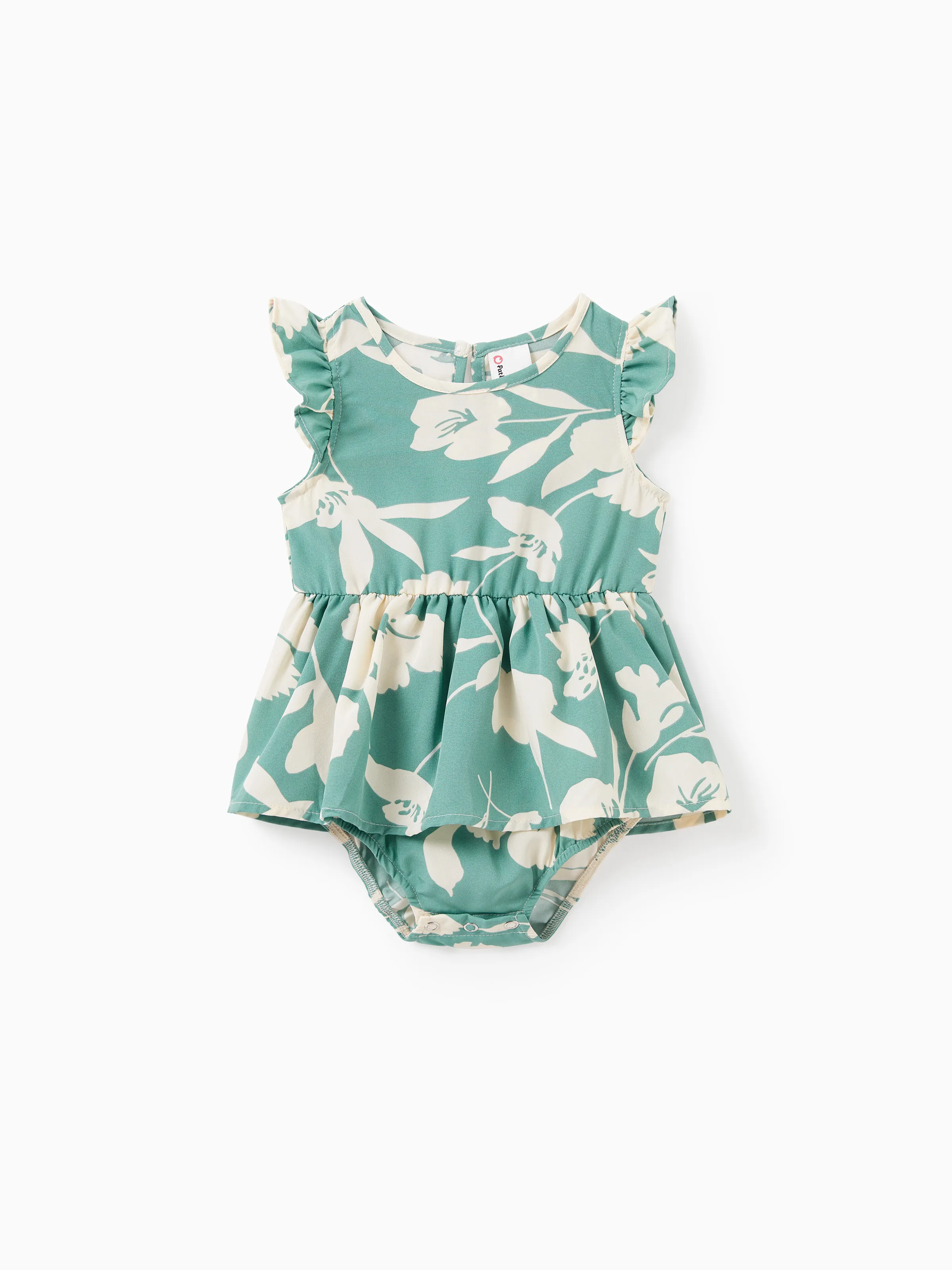 Family Matching Leaf Print Green Short-sleeve Shirt or Sling Shirred Dress Set Green - Image 13