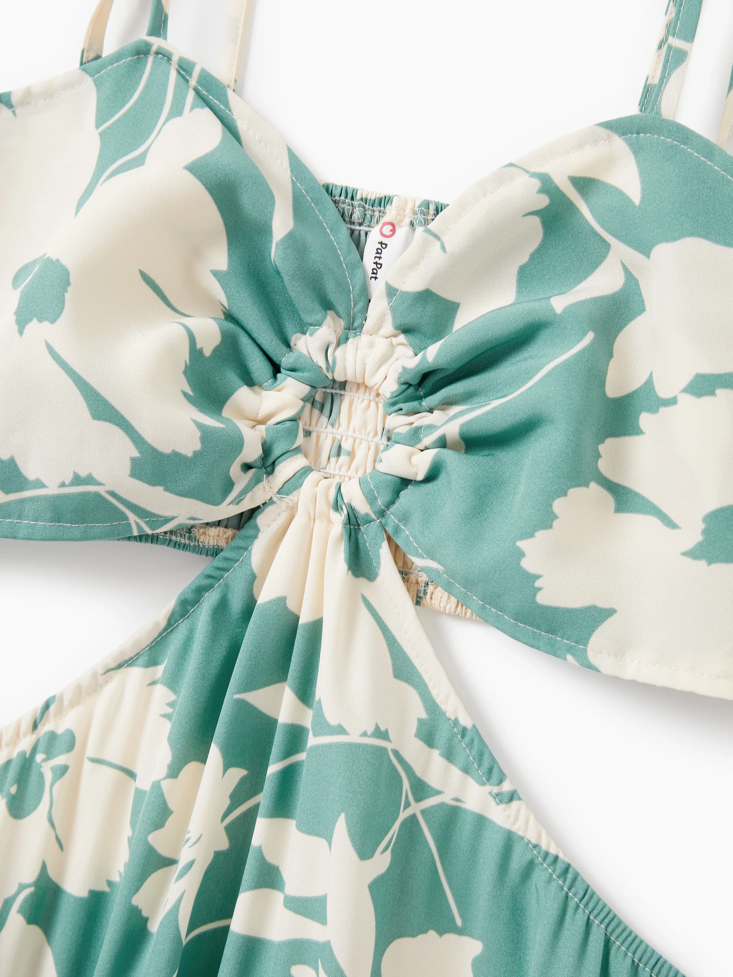 Family Matching Leaf Print Green Short-sleeve Shirt or Sling Shirred Dress Set Green - Image 7
