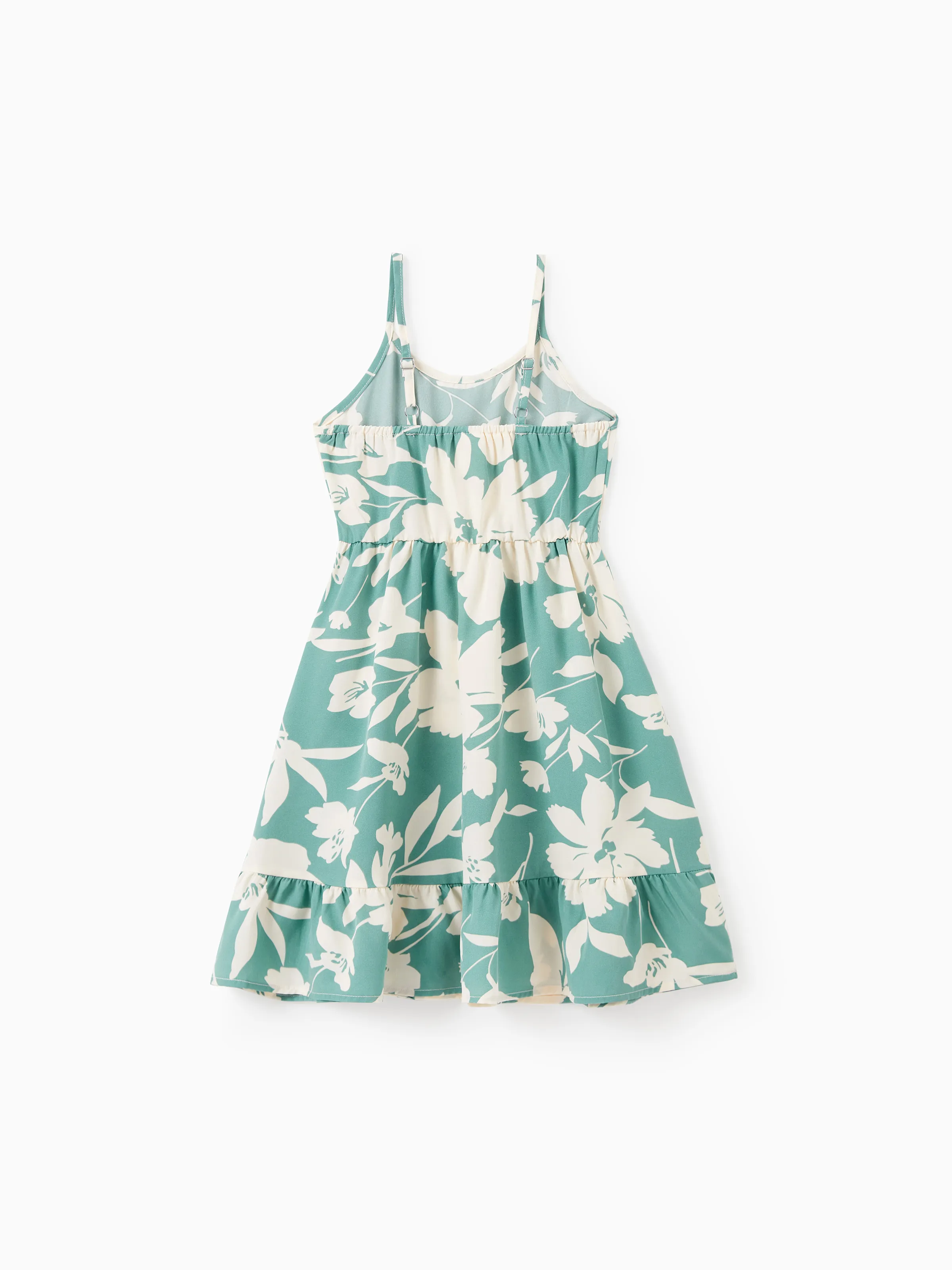 Family Matching Leaf Print Green Short-sleeve Shirt or Sling Shirred Dress Set Green - Image 9
