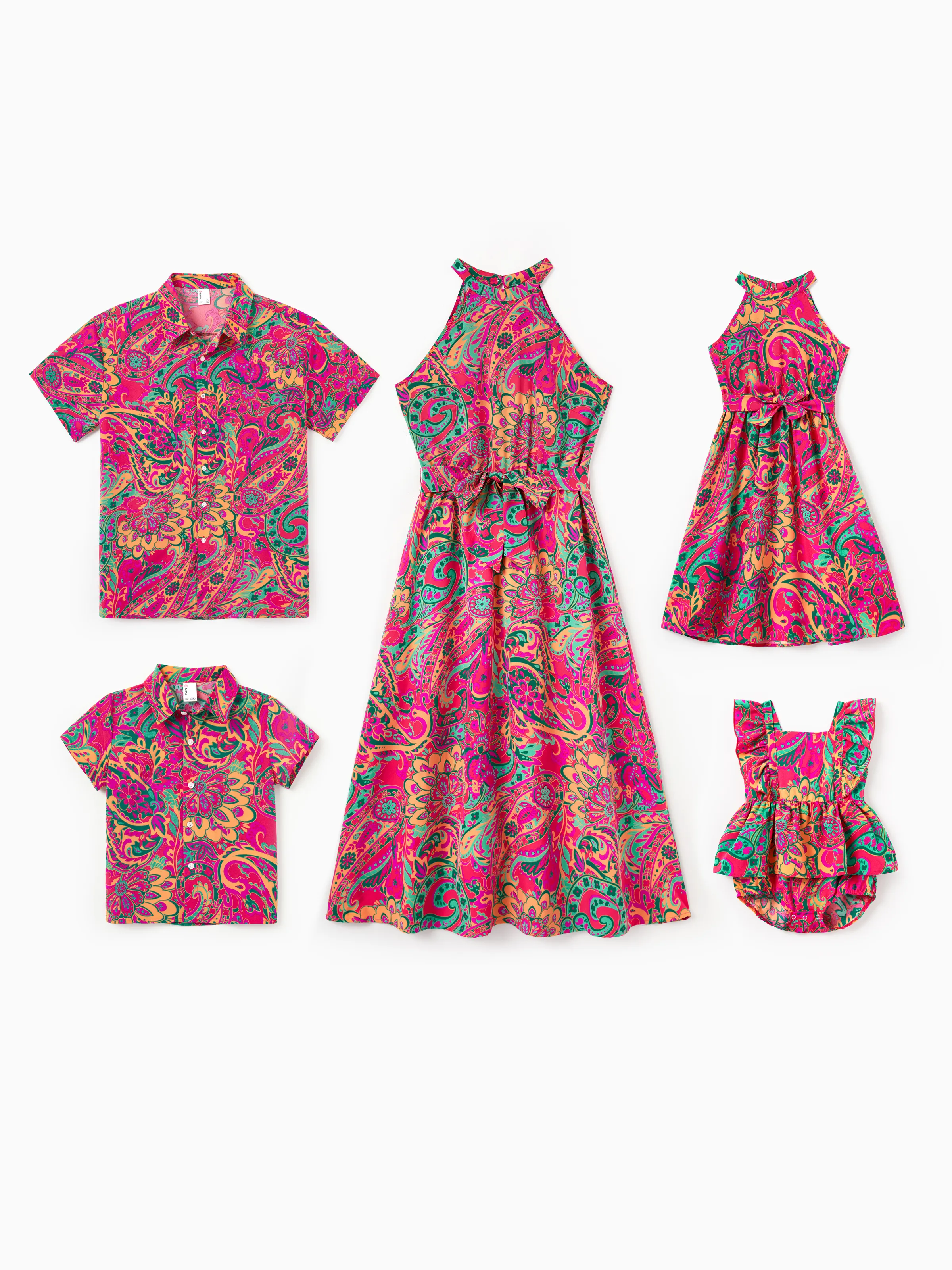 Family Matching Outfit Set Sleeveless Halter Belted Dress or Short-sleeve Collar Shirt for Summer Vacation Hot Pink