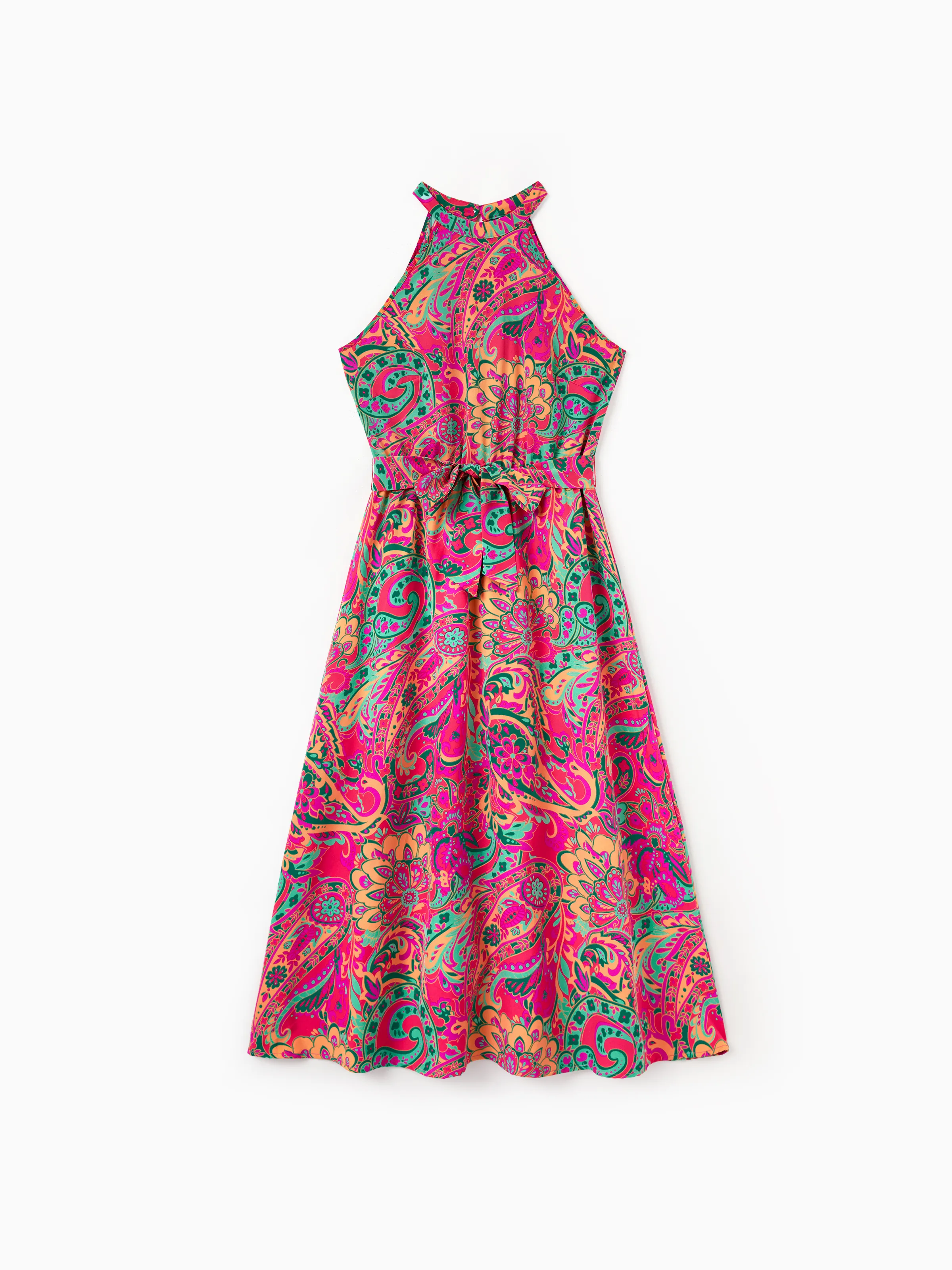 Family Matching Outfit Set Sleeveless Halter Belted Dress or Short-sleeve Collar Shirt for Summer Vacation Hot Pink - Image 3