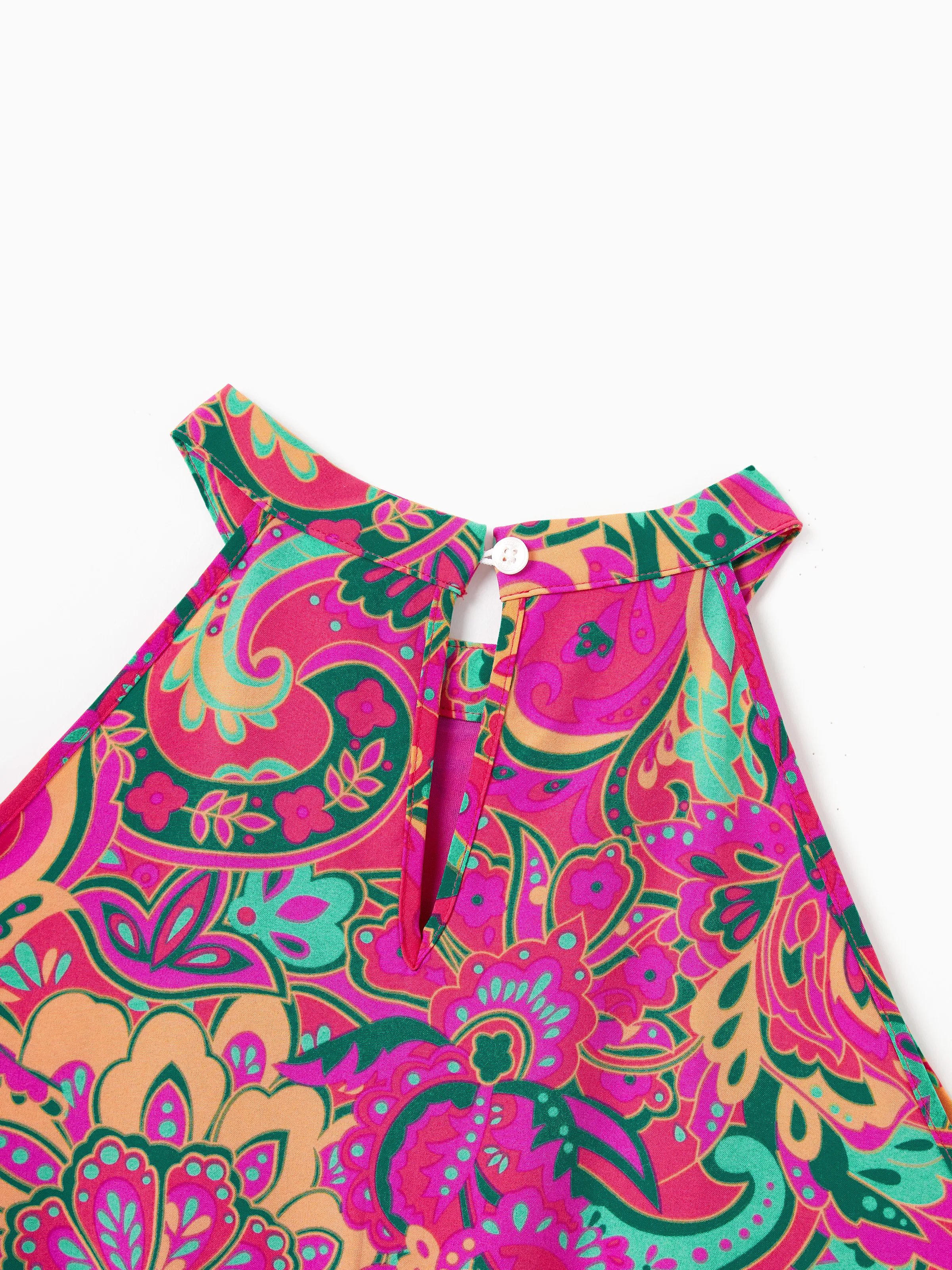 Family Matching Outfit Set Sleeveless Halter Belted Dress or Short-sleeve Collar Shirt for Summer Vacation Hot Pink - Image 6