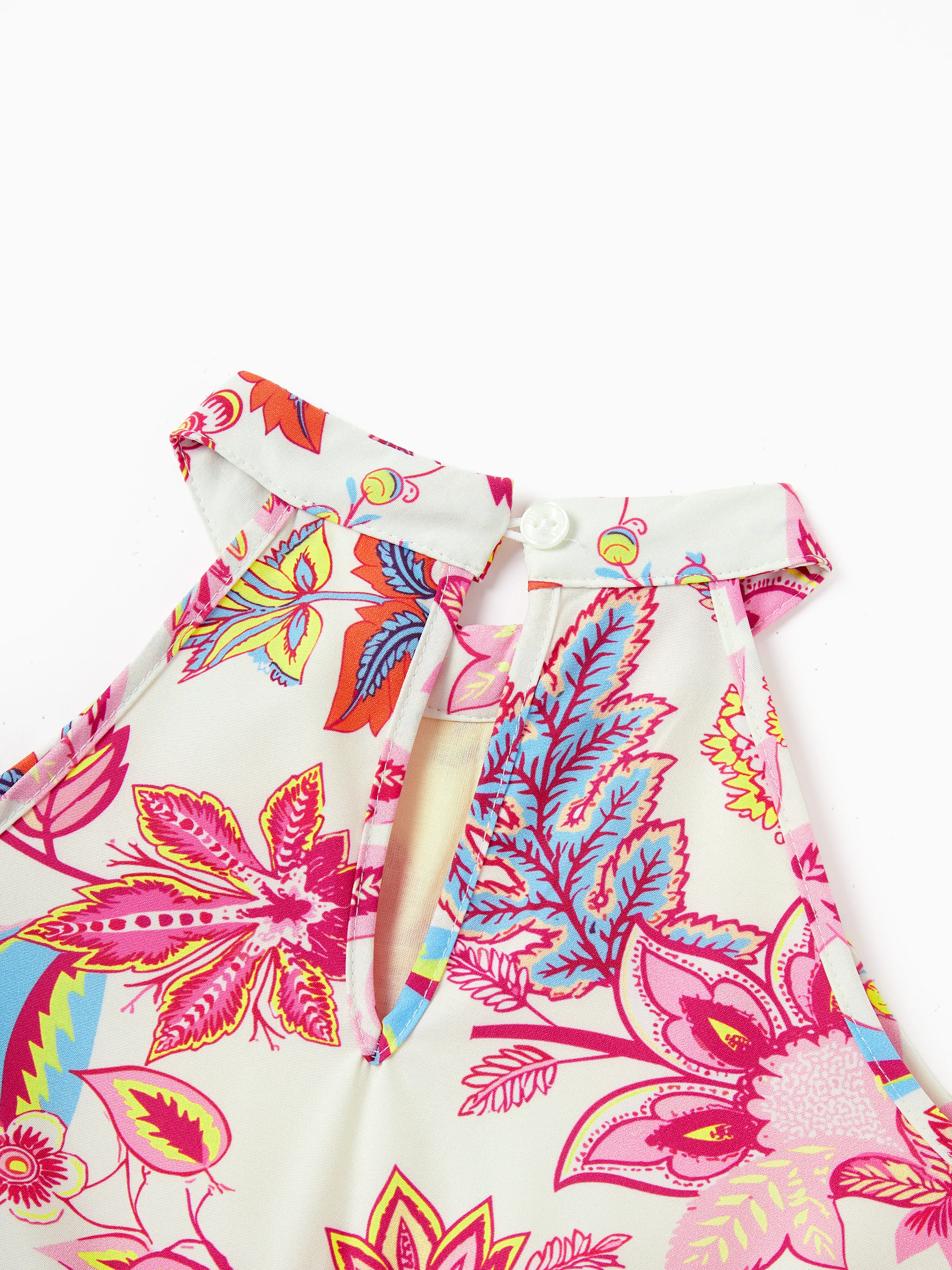 Family Matching Outfits Set Tropical Flora Print Short-sleeve Collar Shirt or Halter Belted Dress for Summer Vacation Beige - Image 10