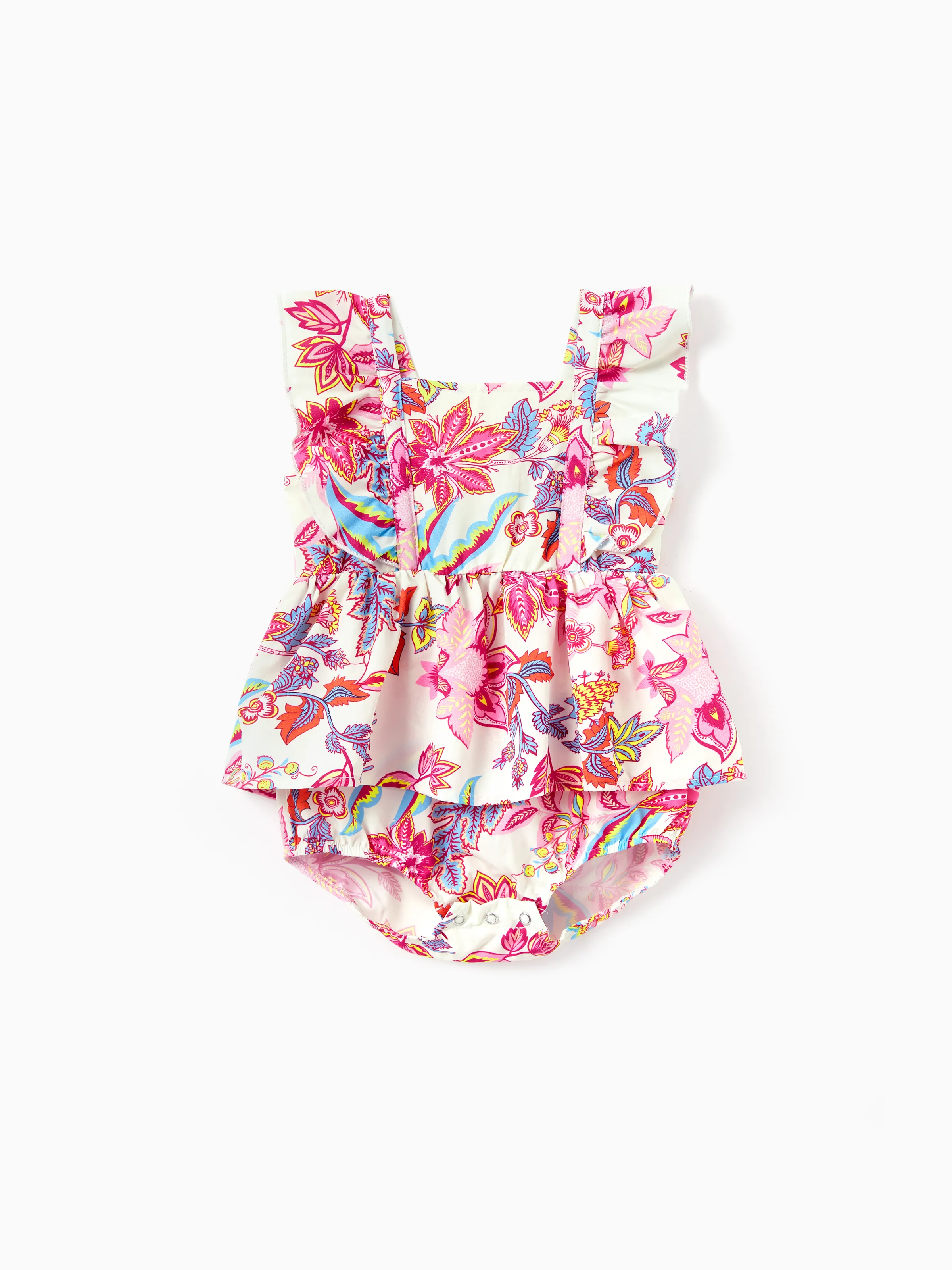 Family Matching Outfits Set Tropical Flora Print Short-sleeve Collar Shirt or Halter Belted Dress for Summer Vacation Beige - Image 12
