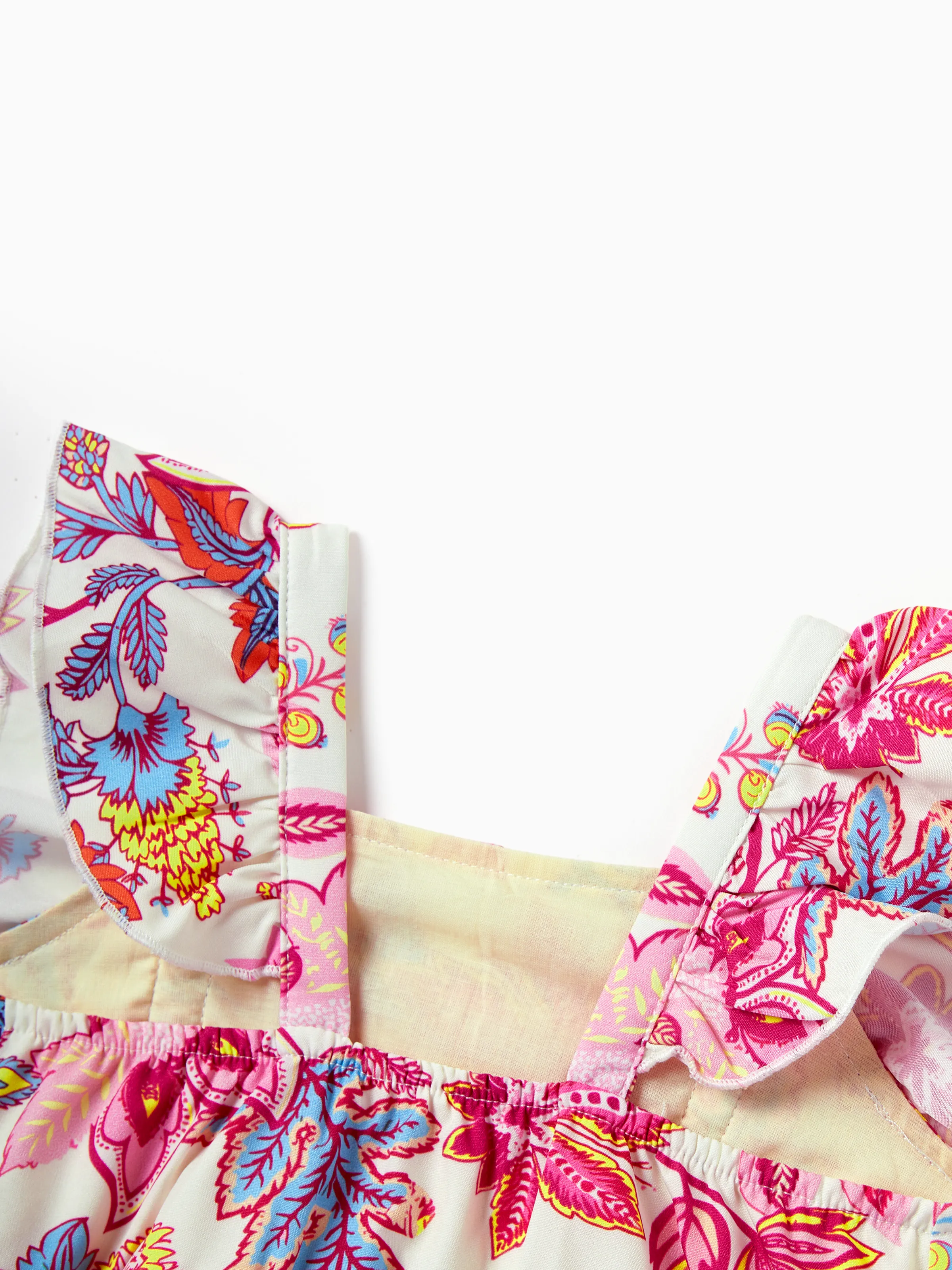 Family Matching Outfits Set Tropical Flora Print Short-sleeve Collar Shirt or Halter Belted Dress for Summer Vacation Beige - Image 14