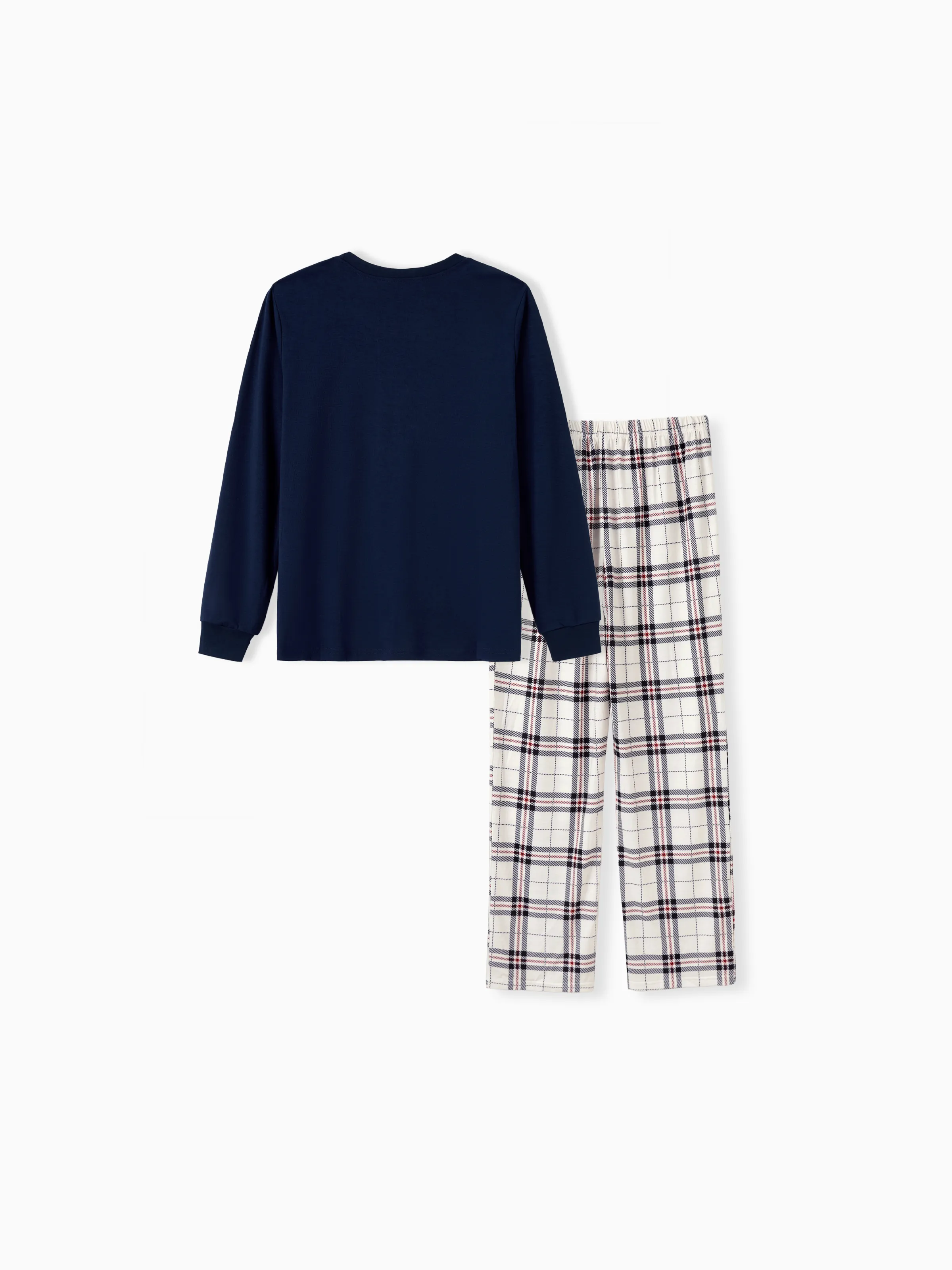 Family Matching School Grid Letter Print Patch Long Sleeve Pajamas Sets Blue - Image 5