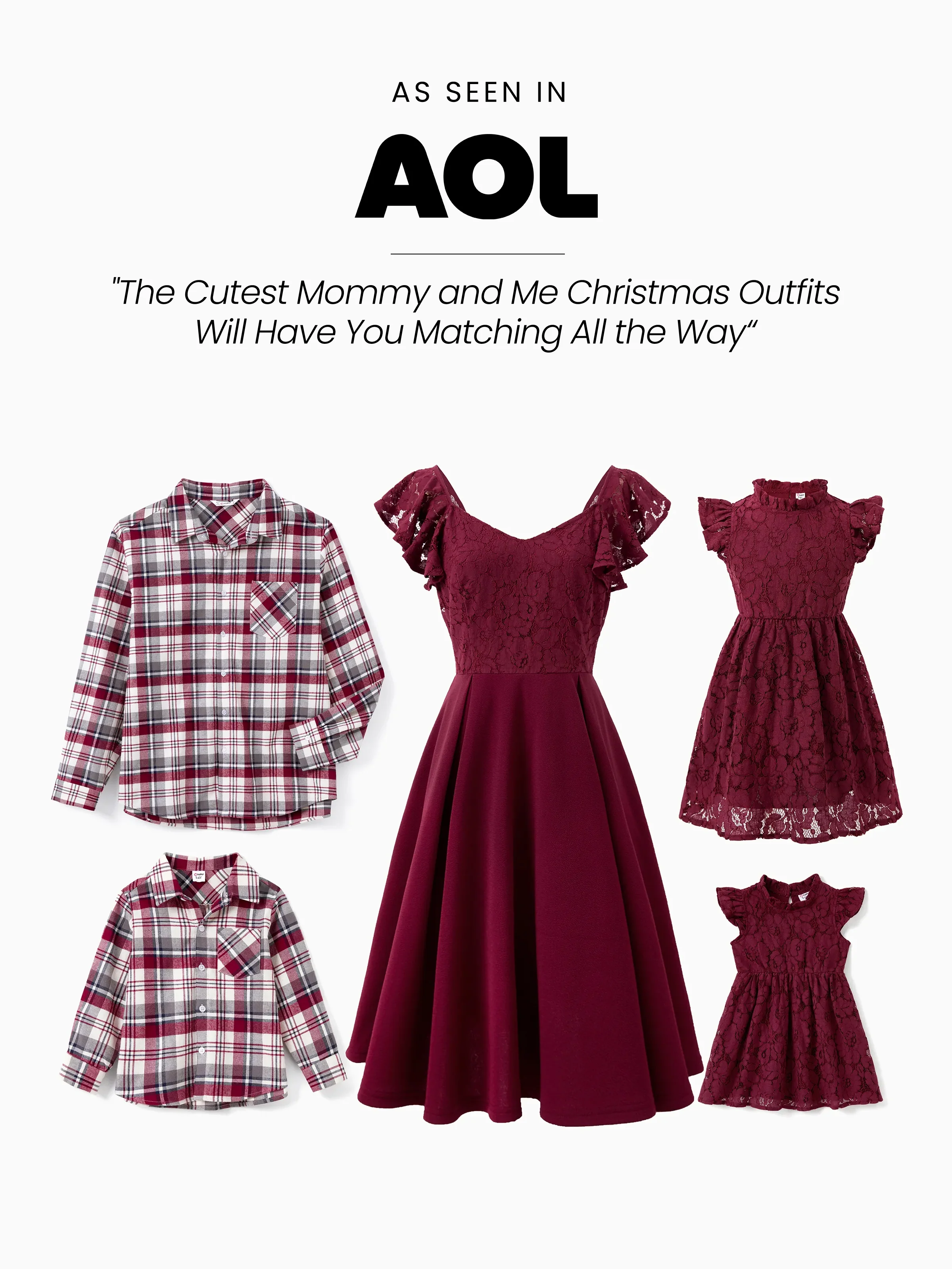Family Matching Sets Plaid Shirt or Red Wine Lace Ruffle Sleeve A-Line Dress WineRed - Image 2