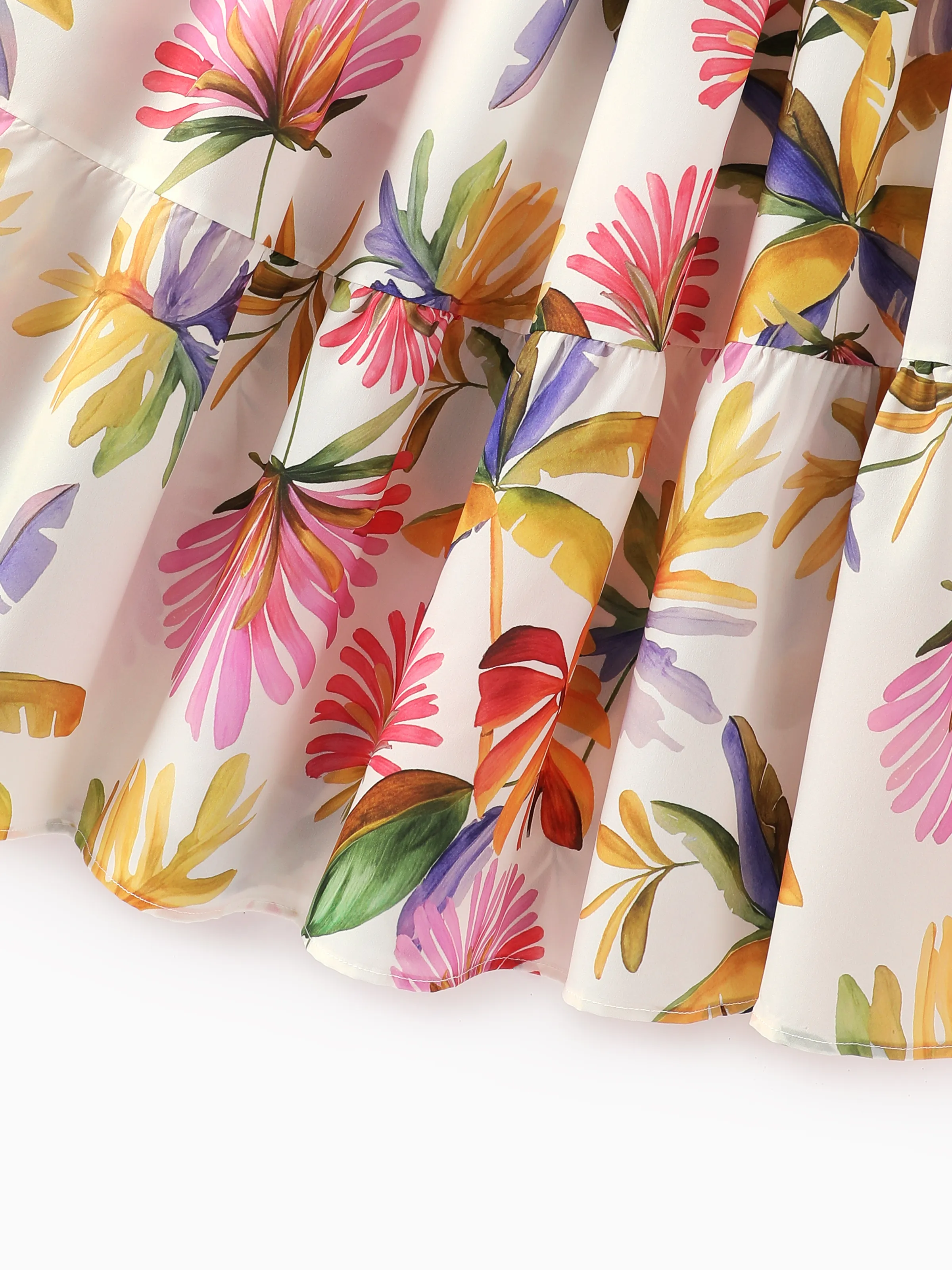 Family Matching Sets Tropical Floral V-Neck Dress & Short Sleeve Tee with Adjustable Straps Deep White Apricot - Image 4