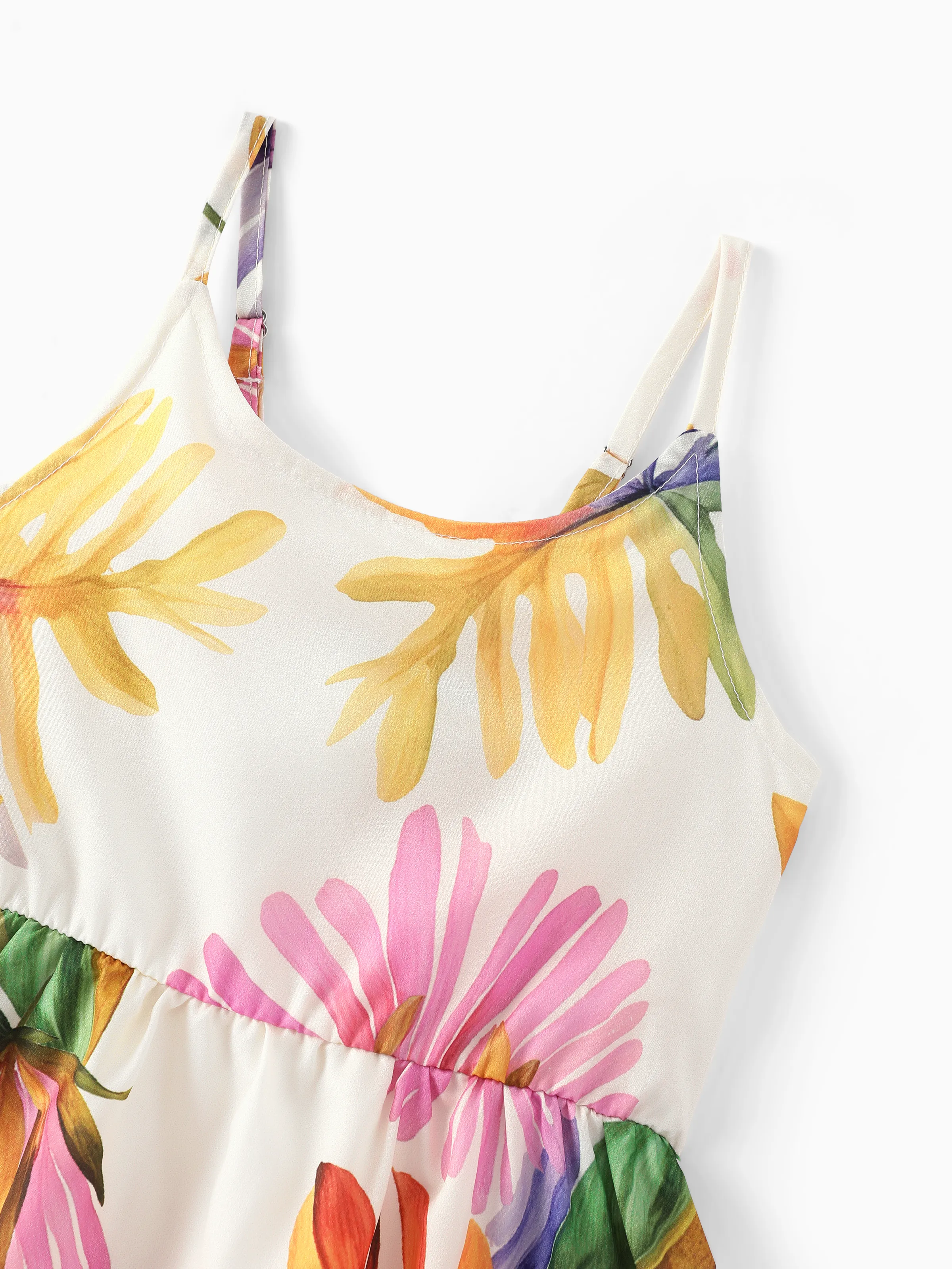 Family Matching Sets Tropical Floral V-Neck Dress & Short Sleeve Tee with Adjustable Straps Deep White Apricot - Image 9
