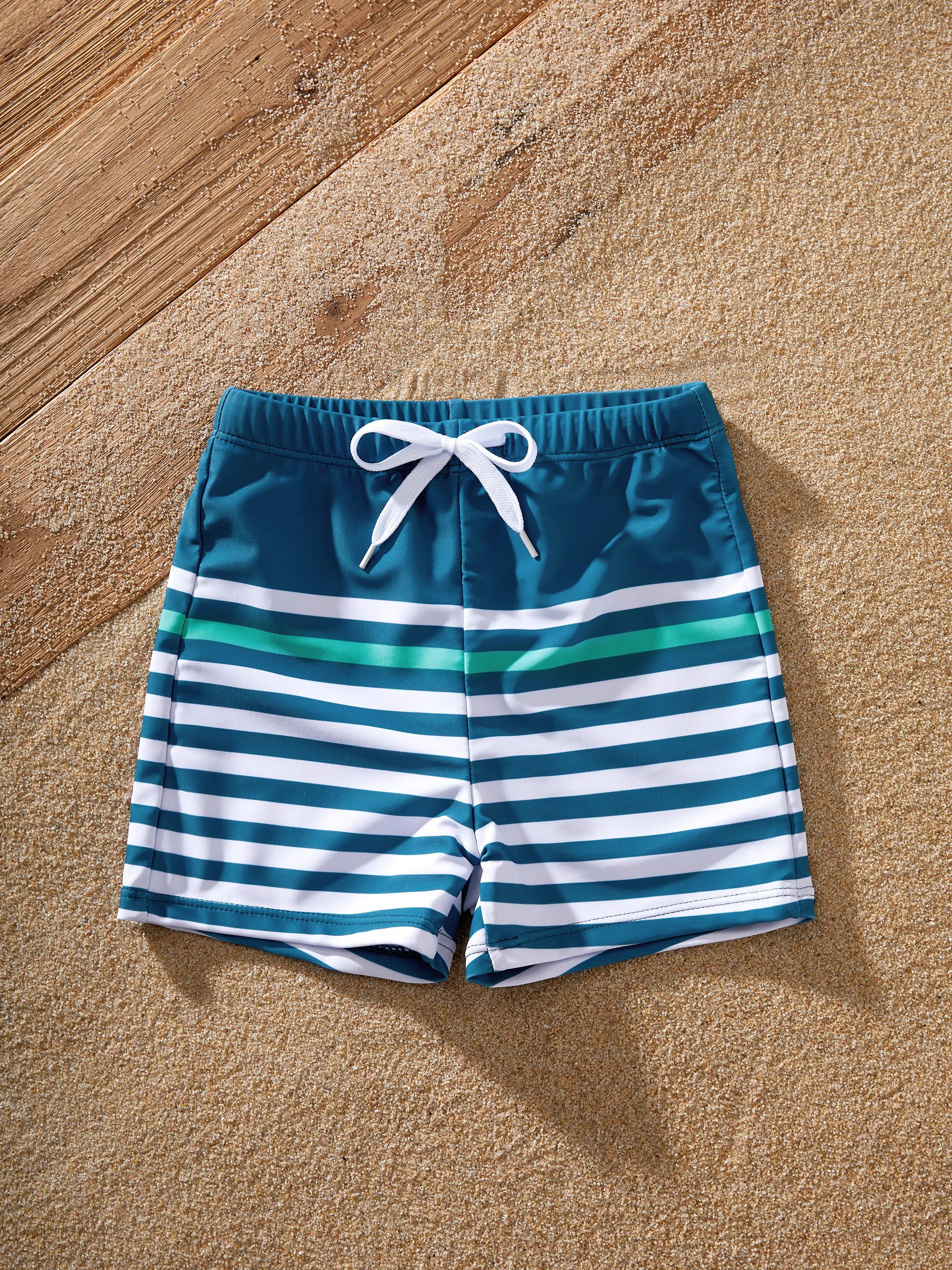 Family Matching Teal Striped Swimsuits Ruched Bikini & Swim Trunks Set Multi-color - Image 13