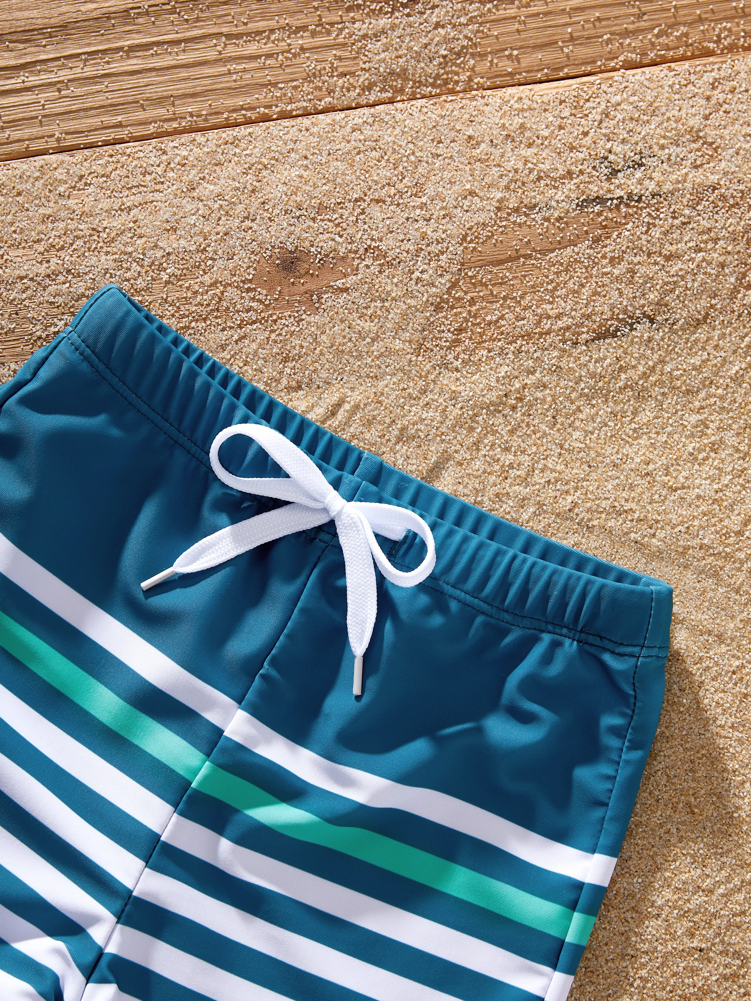 Family Matching Teal Striped Swimsuits Ruched Bikini & Swim Trunks Set Multi-color - Image 15