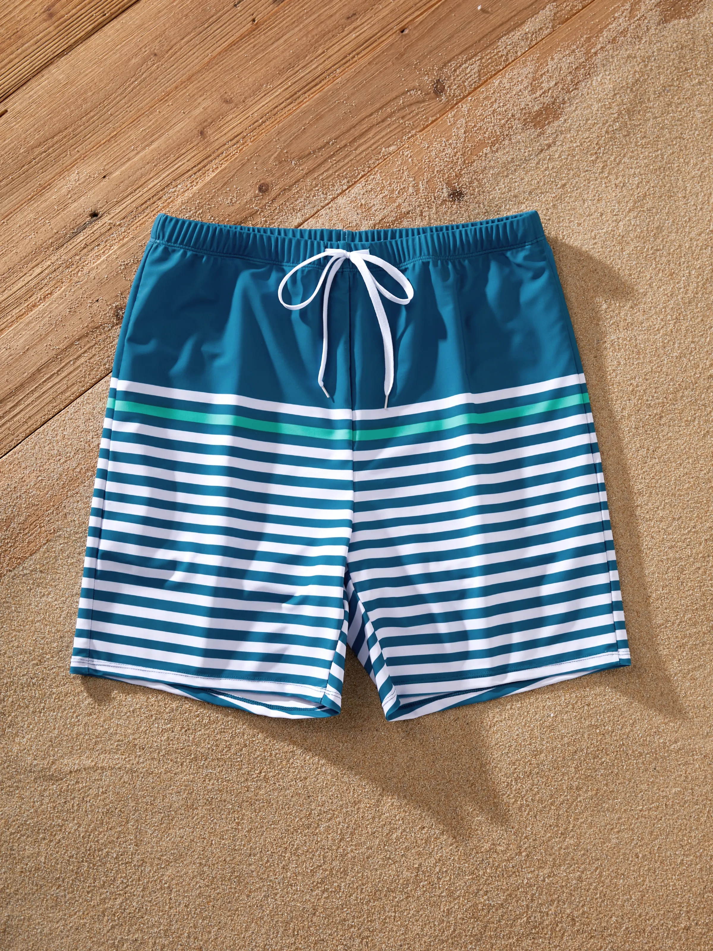 Family Matching Teal Striped Swimsuits Ruched Bikini & Swim Trunks Set Multi-color - Image 18