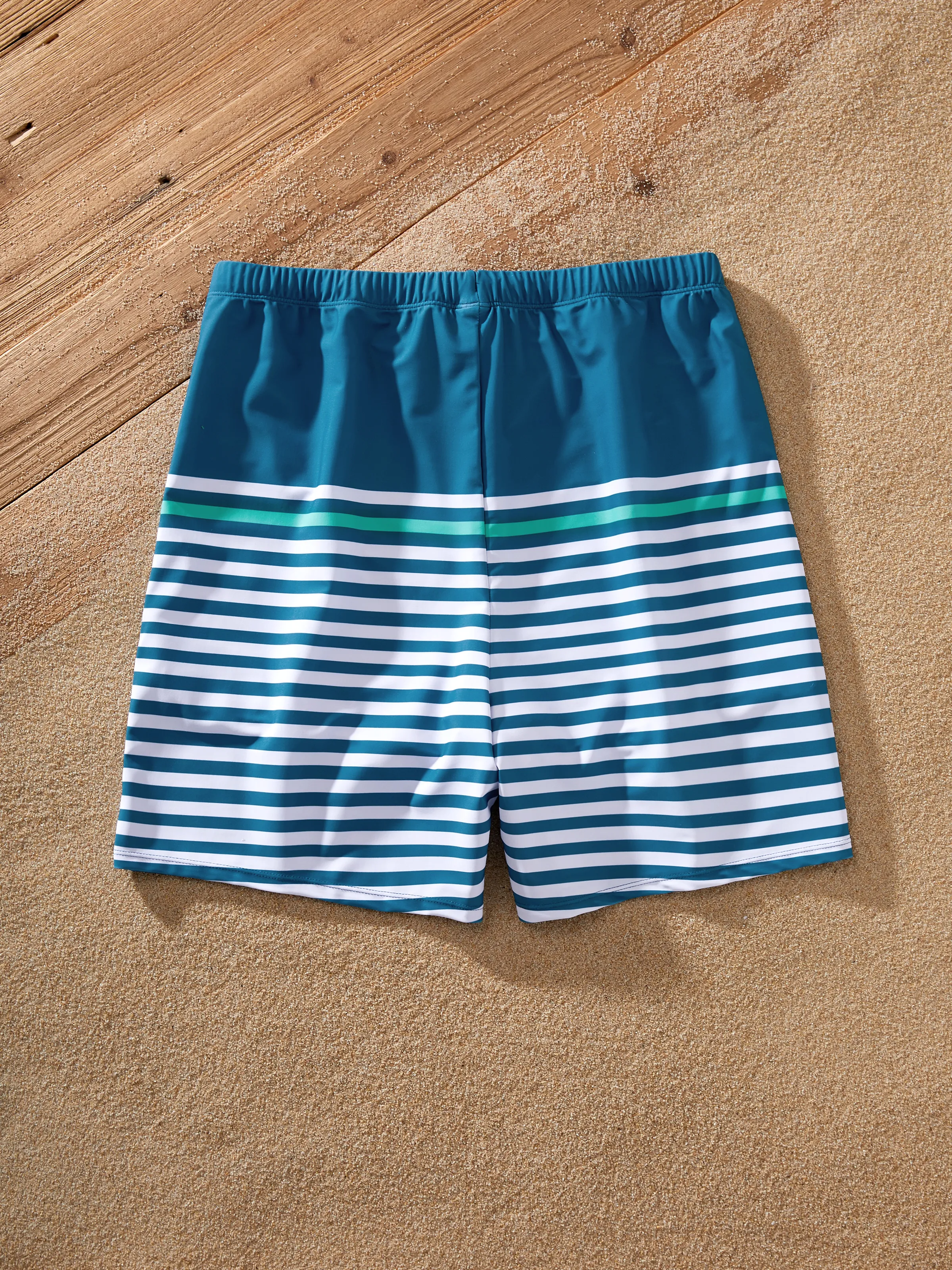 Family Matching Teal Striped Swimsuits Ruched Bikini & Swim Trunks Set Multi-color - Image 19
