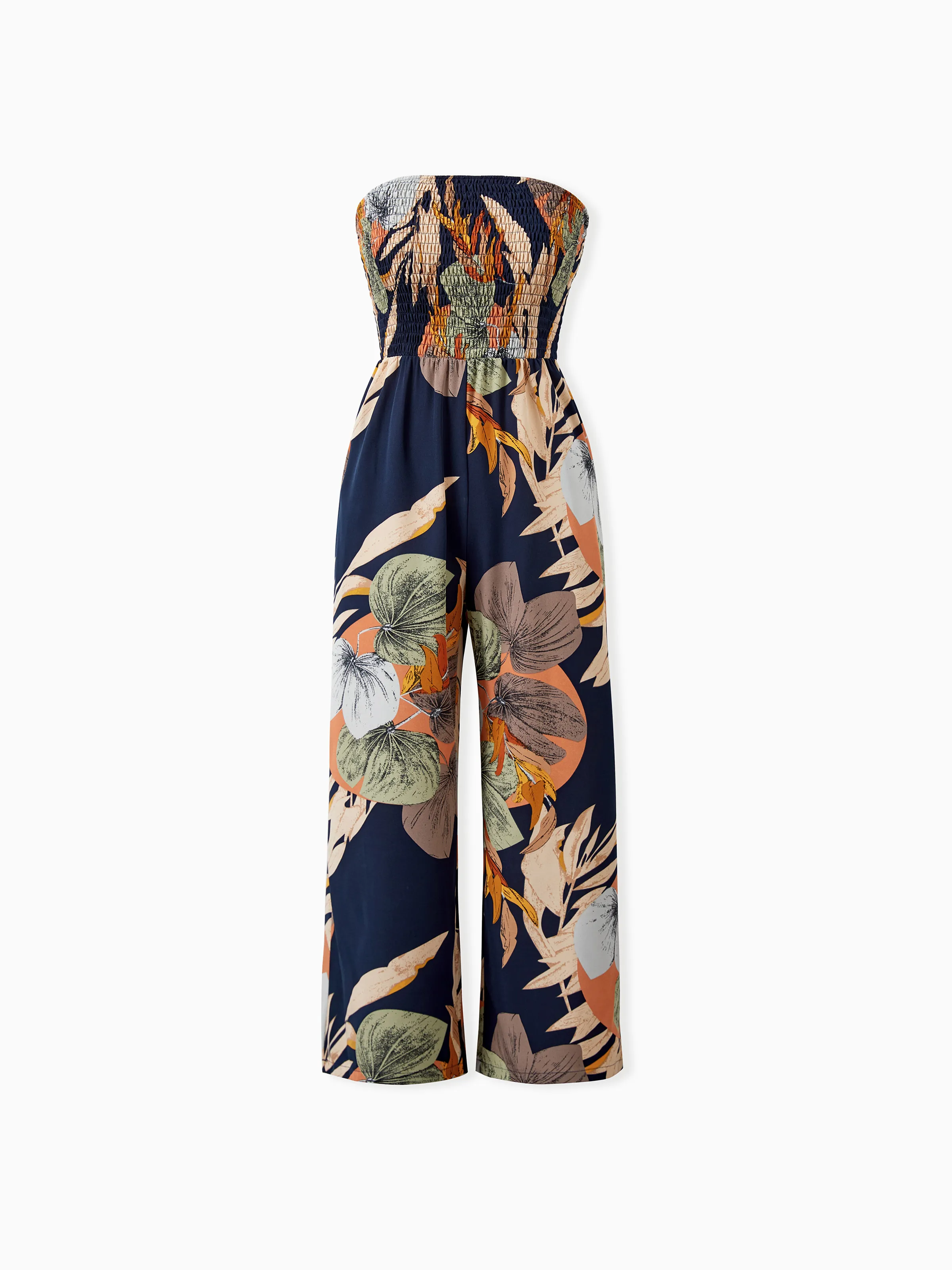 Family Matching Tropical Floral Print Smocked Top Strap Wide-Leg Jumpsuits for Mommy and Me Deep Blue - Image 3