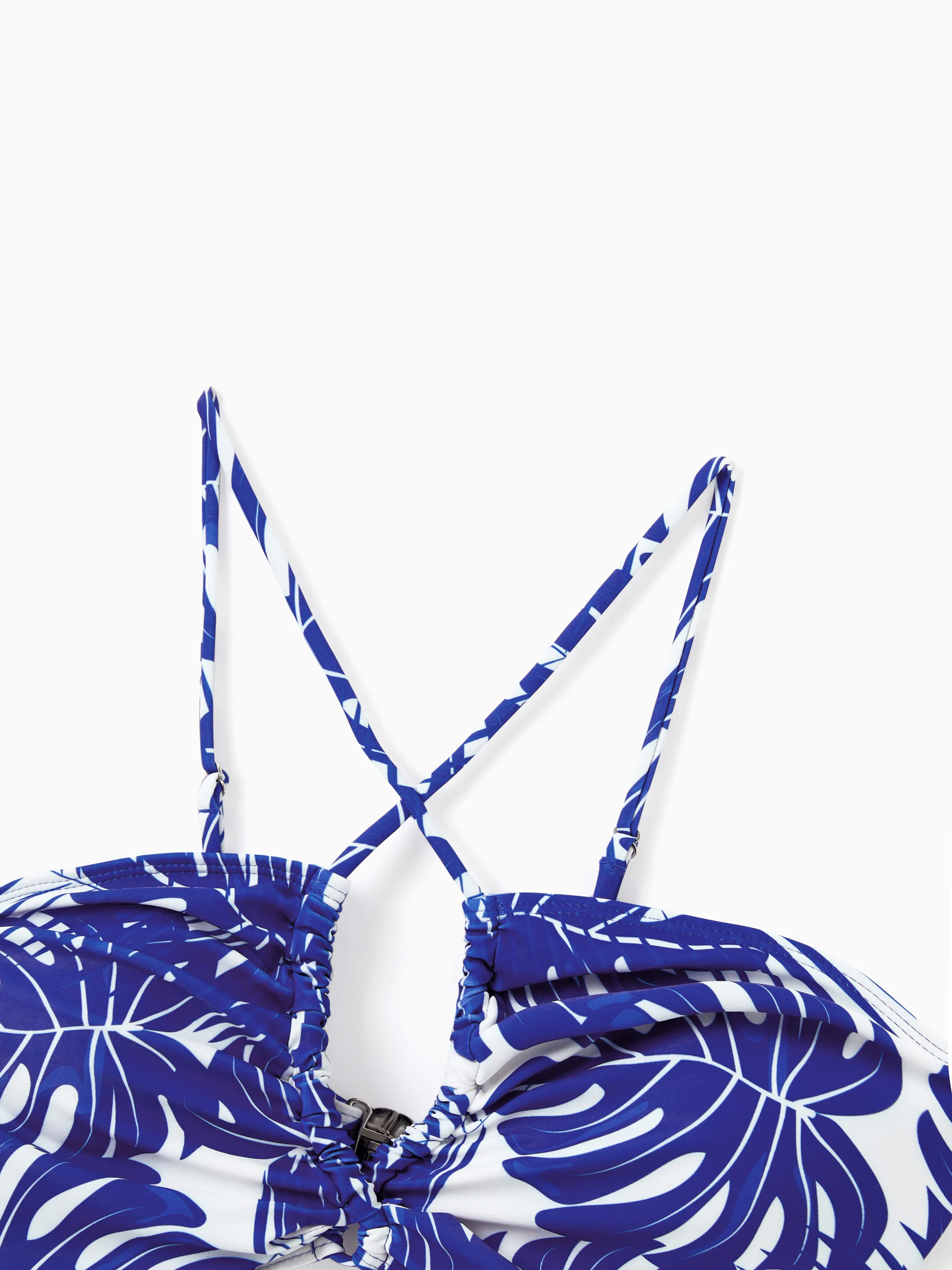 Family Matching Tropical Leaf Print Swim Trunks or Hollow-out Crisscross Straps One-piece Swimsuit Blue - Image 5